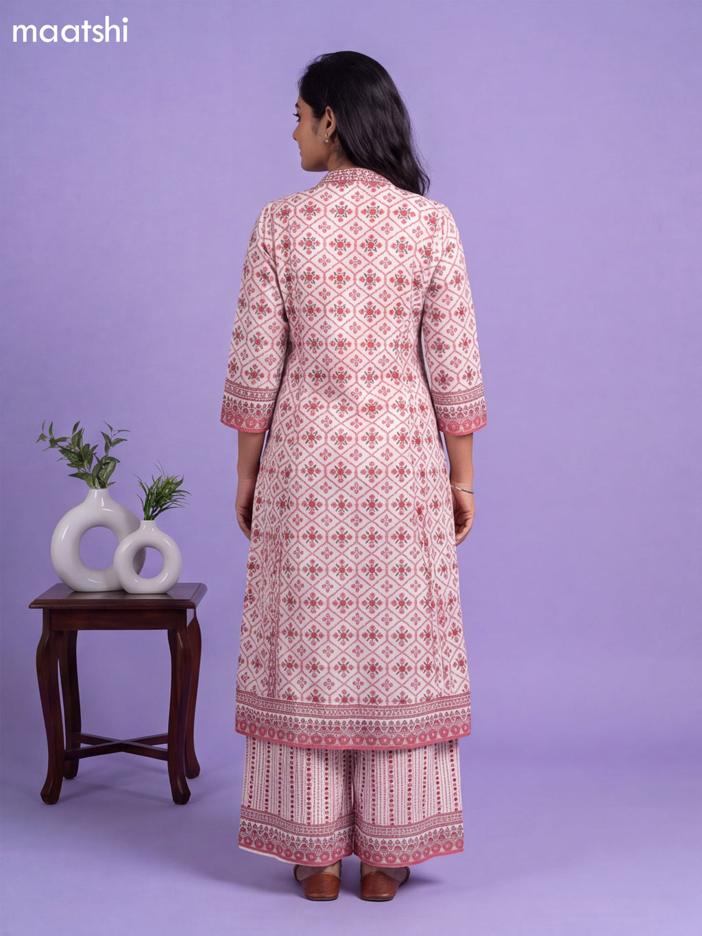Off White and Maroon Cotton Printed & Simple Embroidery Work A-Line Suit
