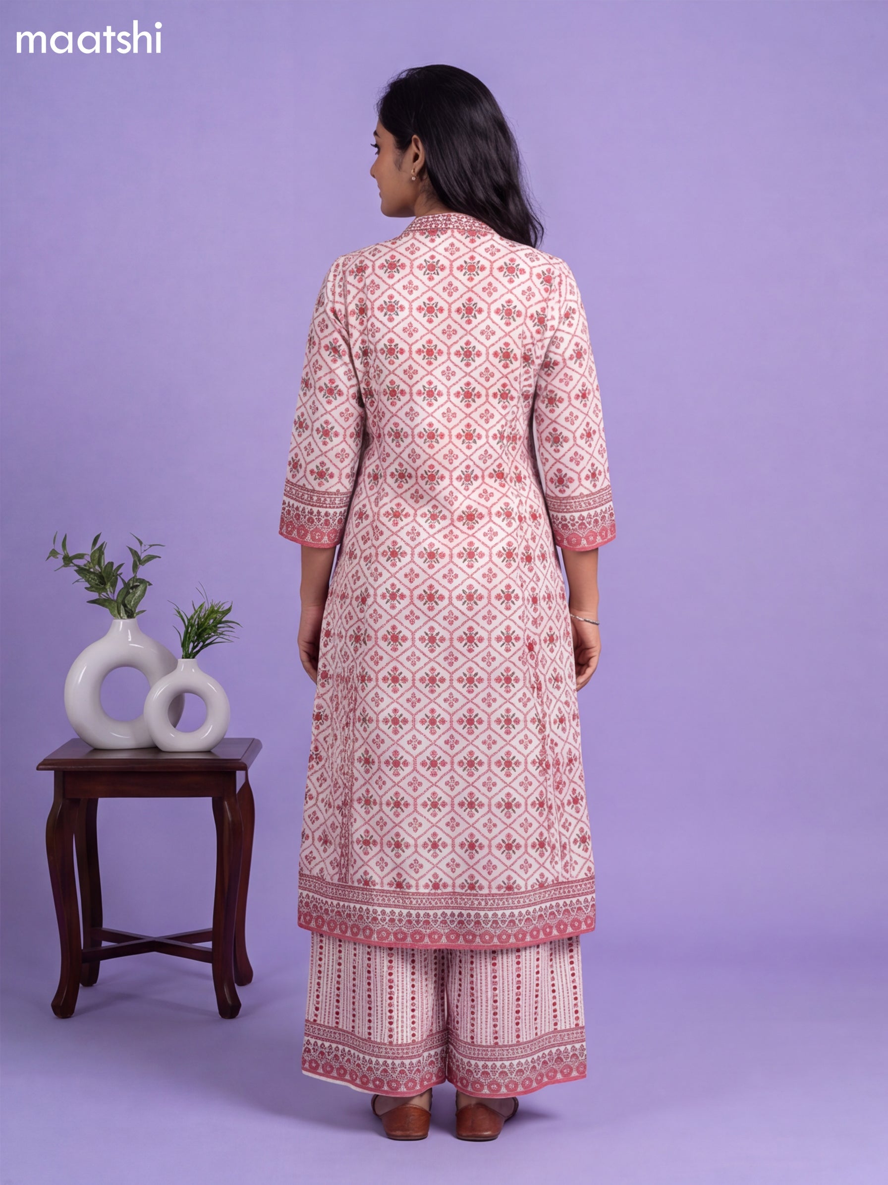 Off White and Maroon Cotton Printed & Simple Embroidery Work A-Line Suit