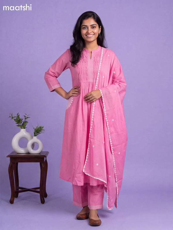 Lotus Pink Cotton Pintuck Design & Simple Embroidery Work A-Line Suit