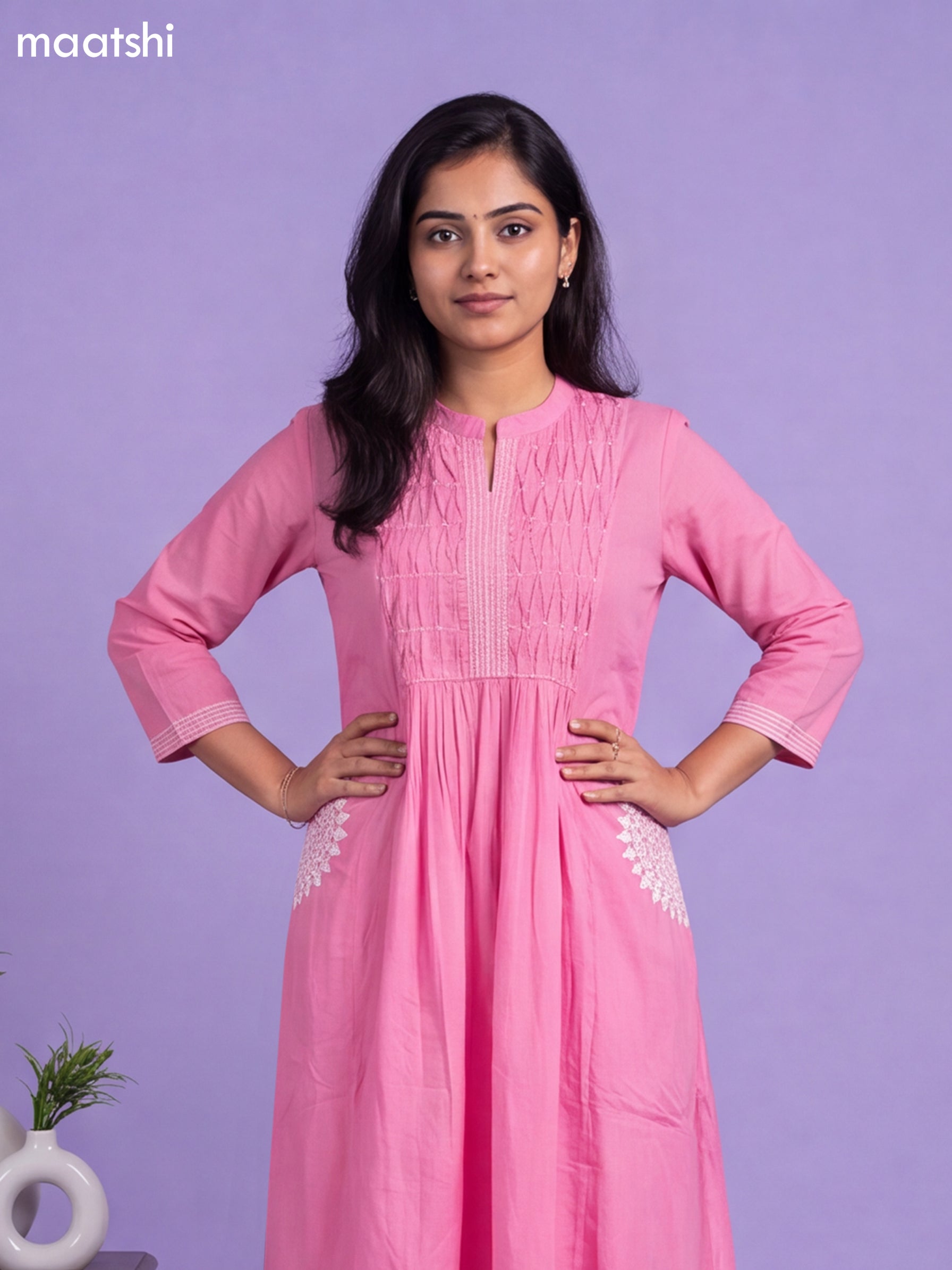 Lotus Pink Cotton Pintuck Design & Simple Embroidery Work A-Line Suit