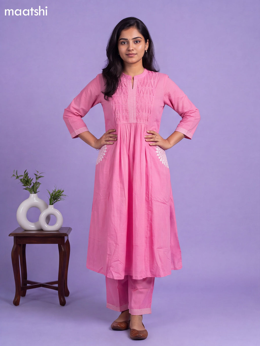 Lotus Pink Cotton Pintuck Design & Simple Embroidery Work A-Line Suit