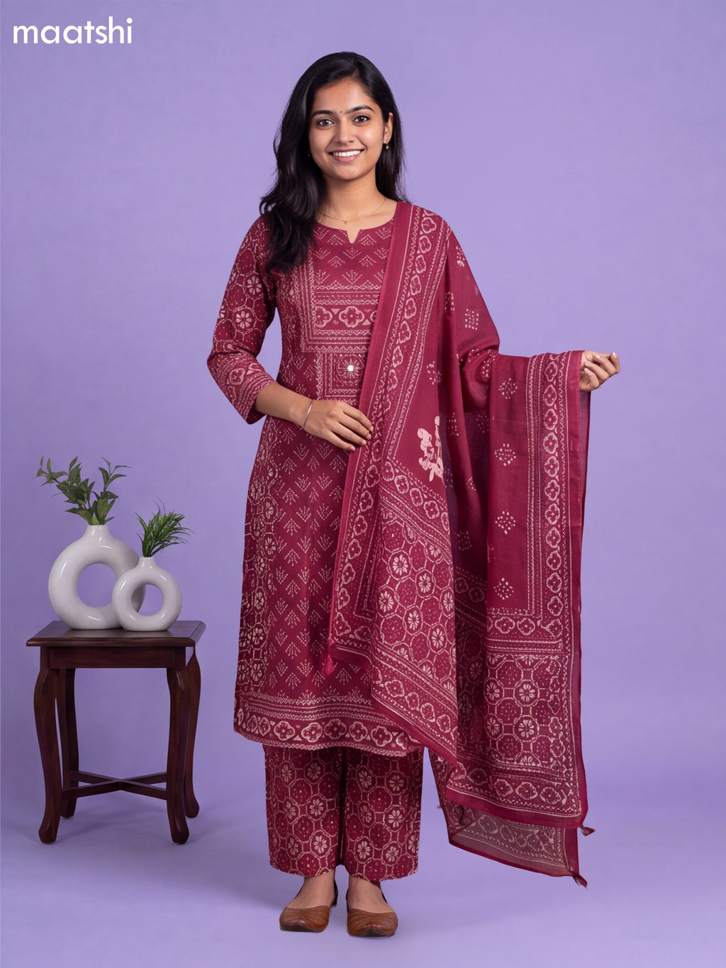 Magenta Pink Cotton Printed & Embroidery Work A-Line Suit