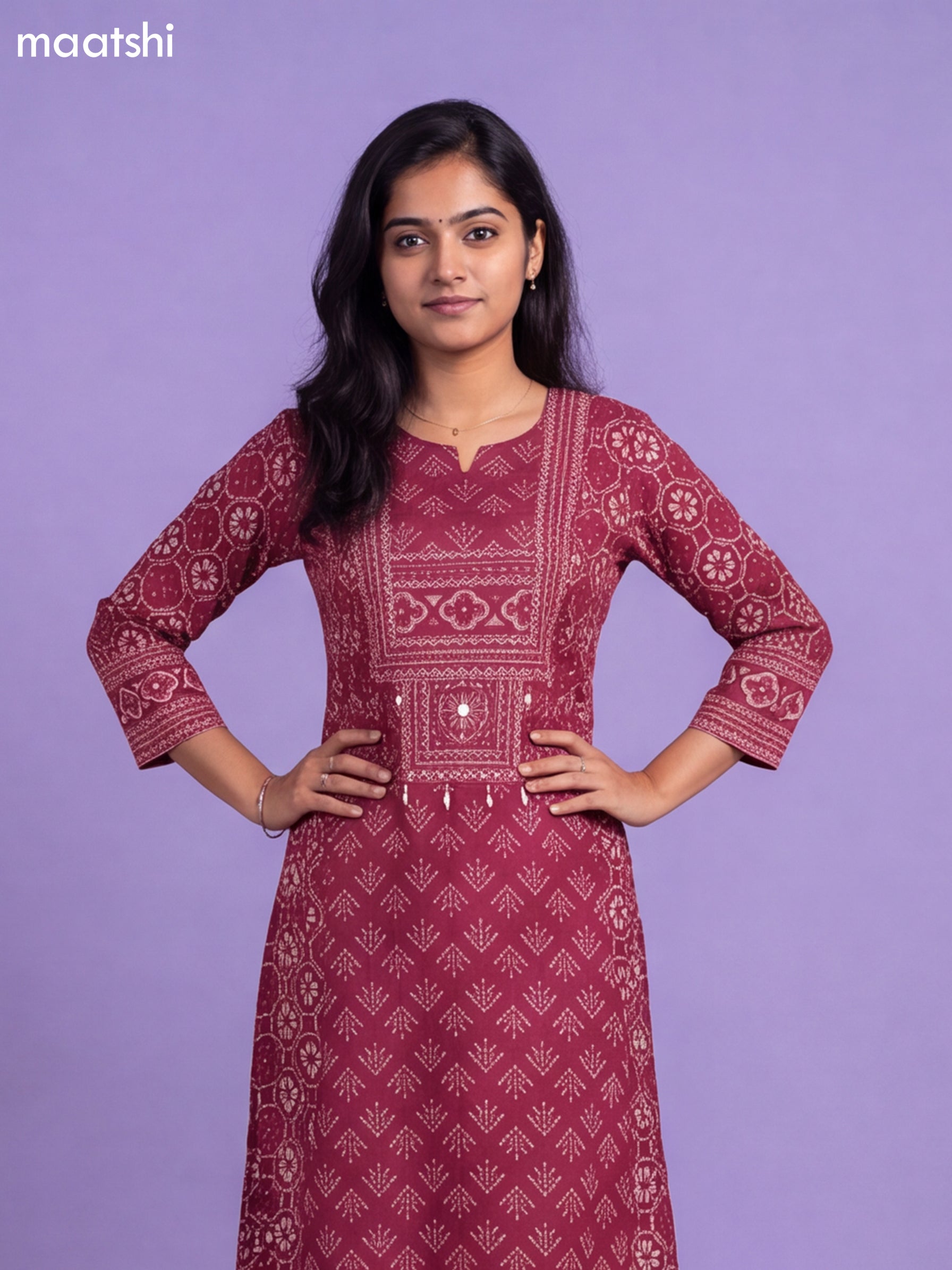 Magenta Pink Cotton Printed & Embroidery Work A-Line Suit