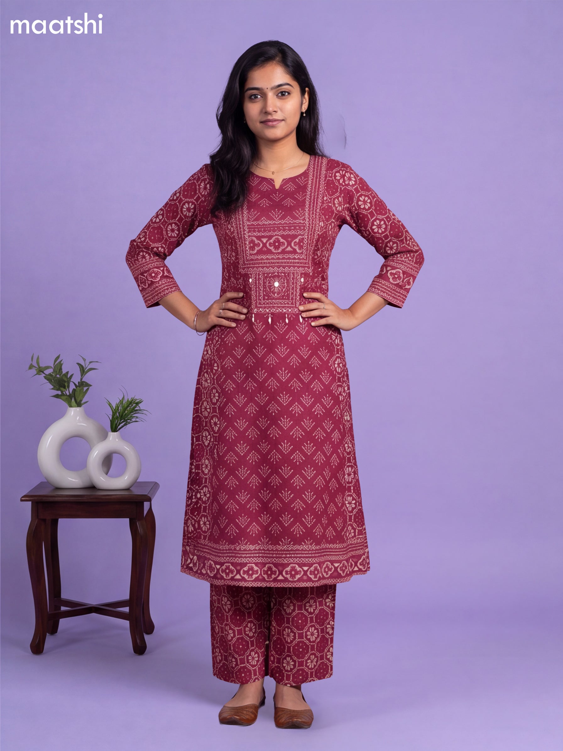 Magenta Pink Cotton Printed & Embroidery Work A-Line Suit