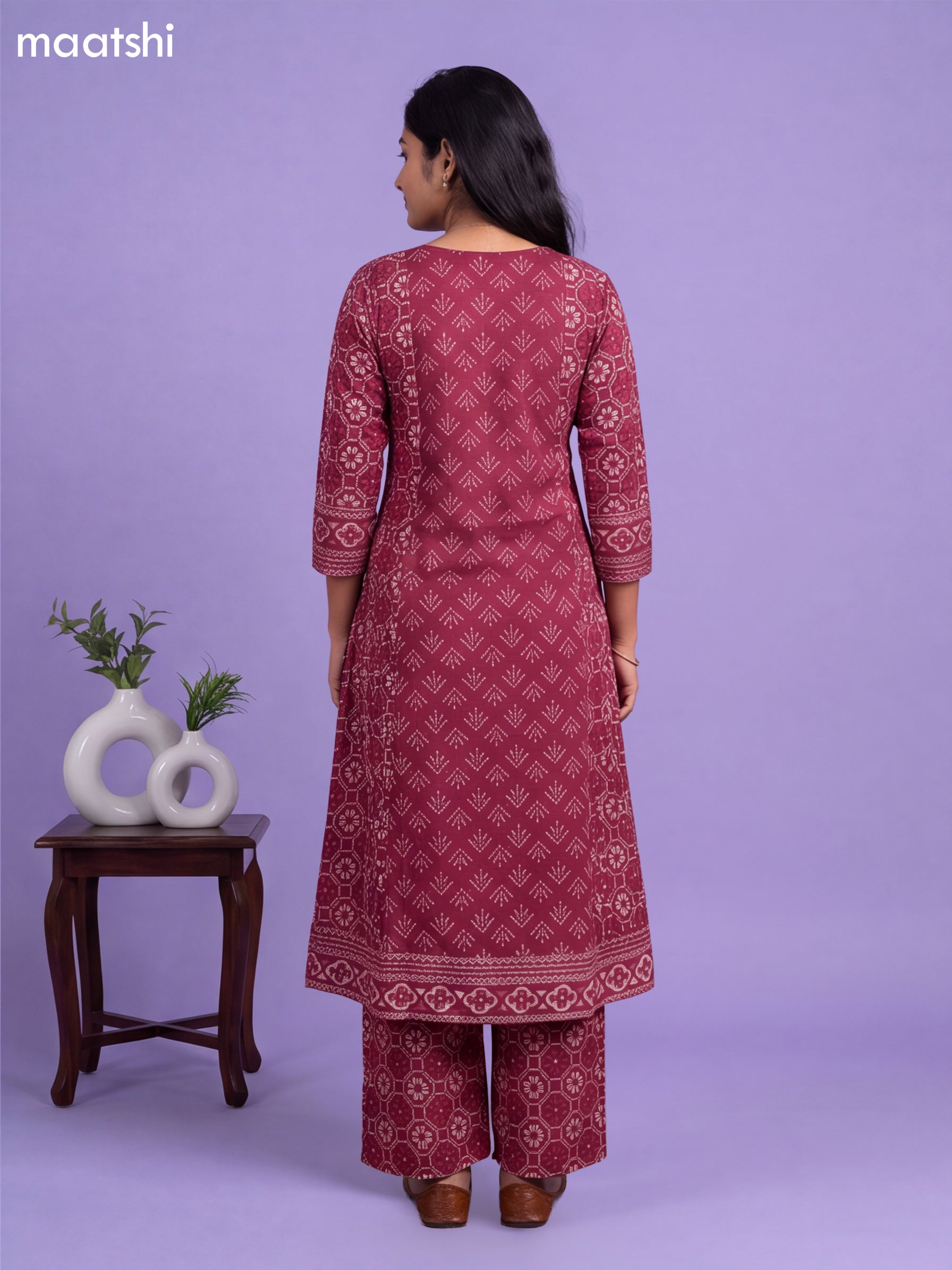 Magenta Pink Cotton Printed & Embroidery Work A-Line Suit