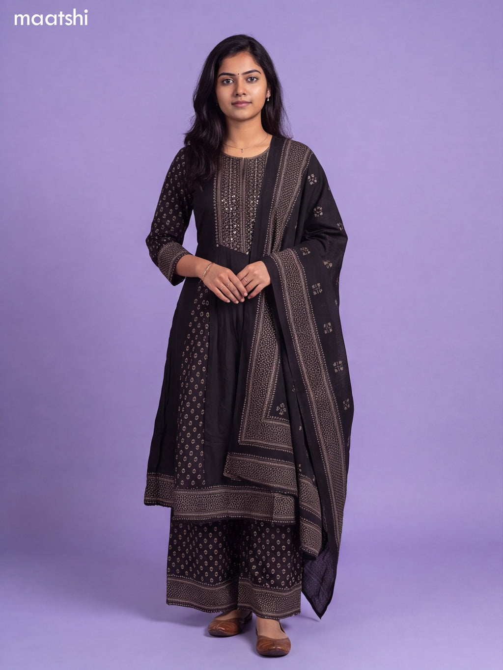 Black Cotton Printed Anarkali Suit