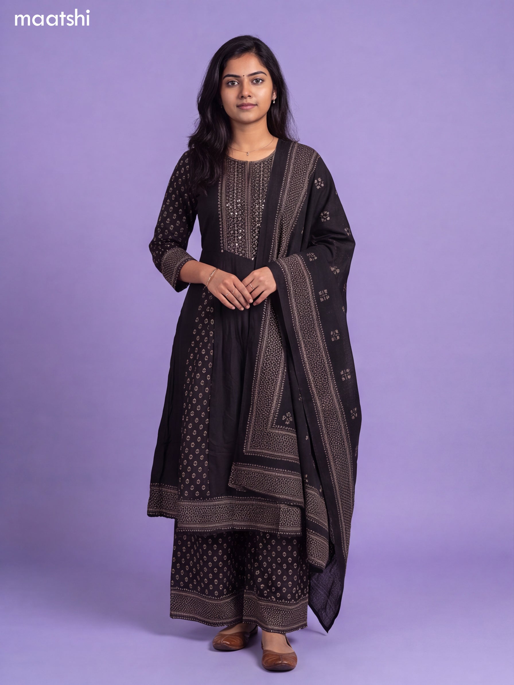 Black Cotton Printed Anarkali Suit