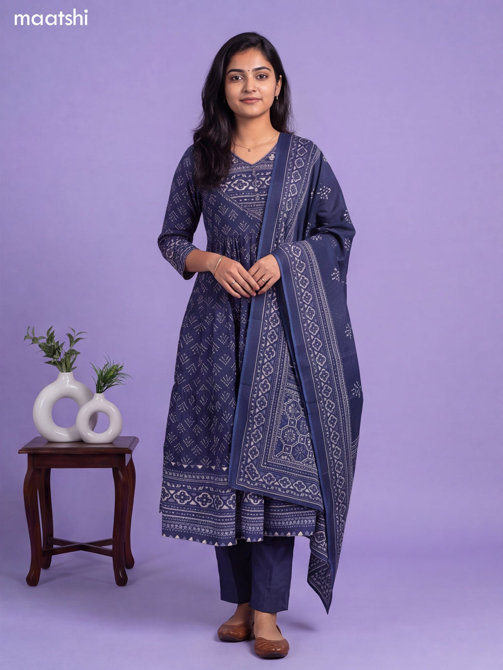 Navy Blue Cotton Printed Anarkali Suit