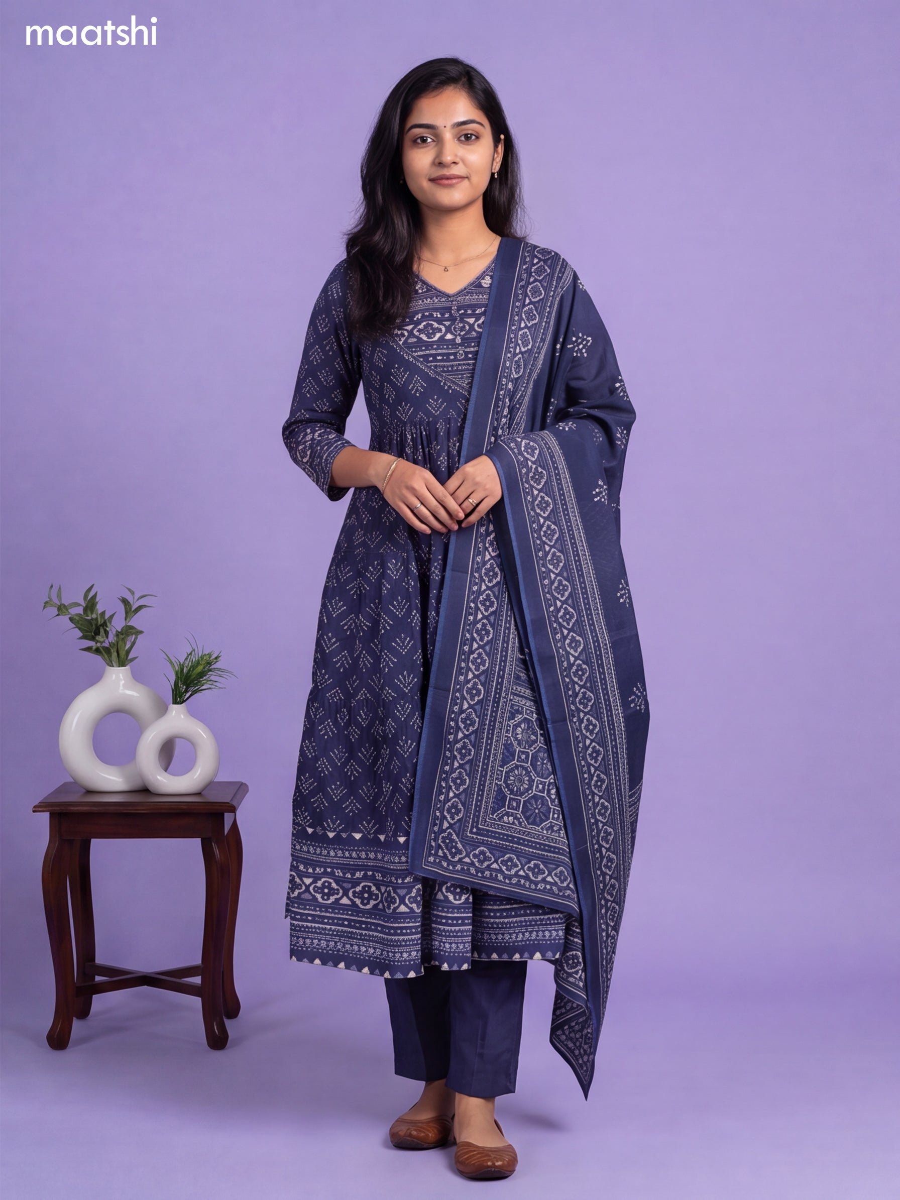 Navy Blue Cotton Printed Anarkali Suit