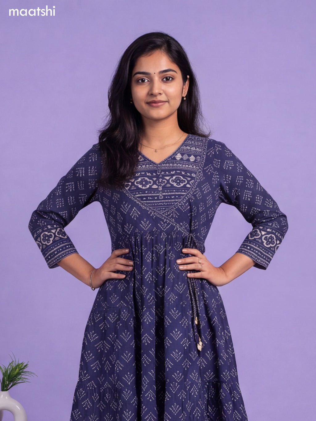 Navy Blue Cotton Printed Anarkali Suit
