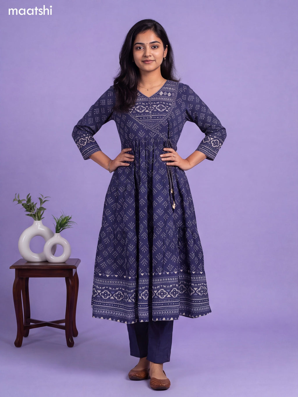 Navy Blue Cotton Printed Anarkali Suit