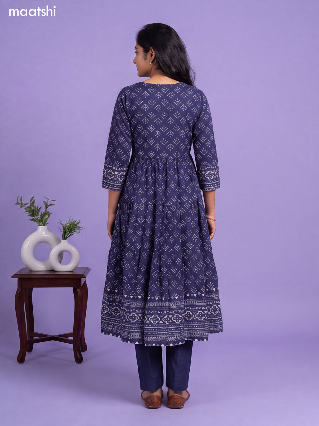 Navy Blue Cotton Printed Anarkali Suit