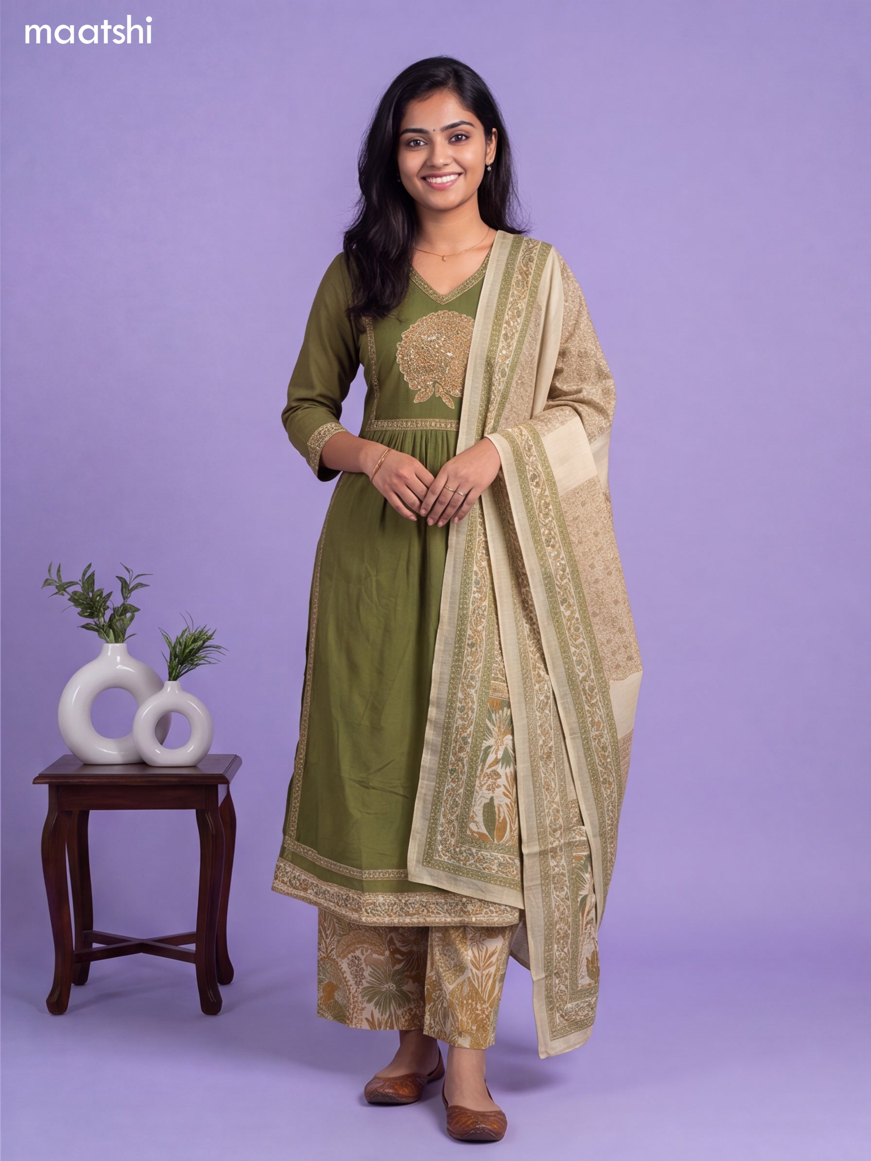 Green Cotton Aplic Work & Embroidery Work Anarkali Suit