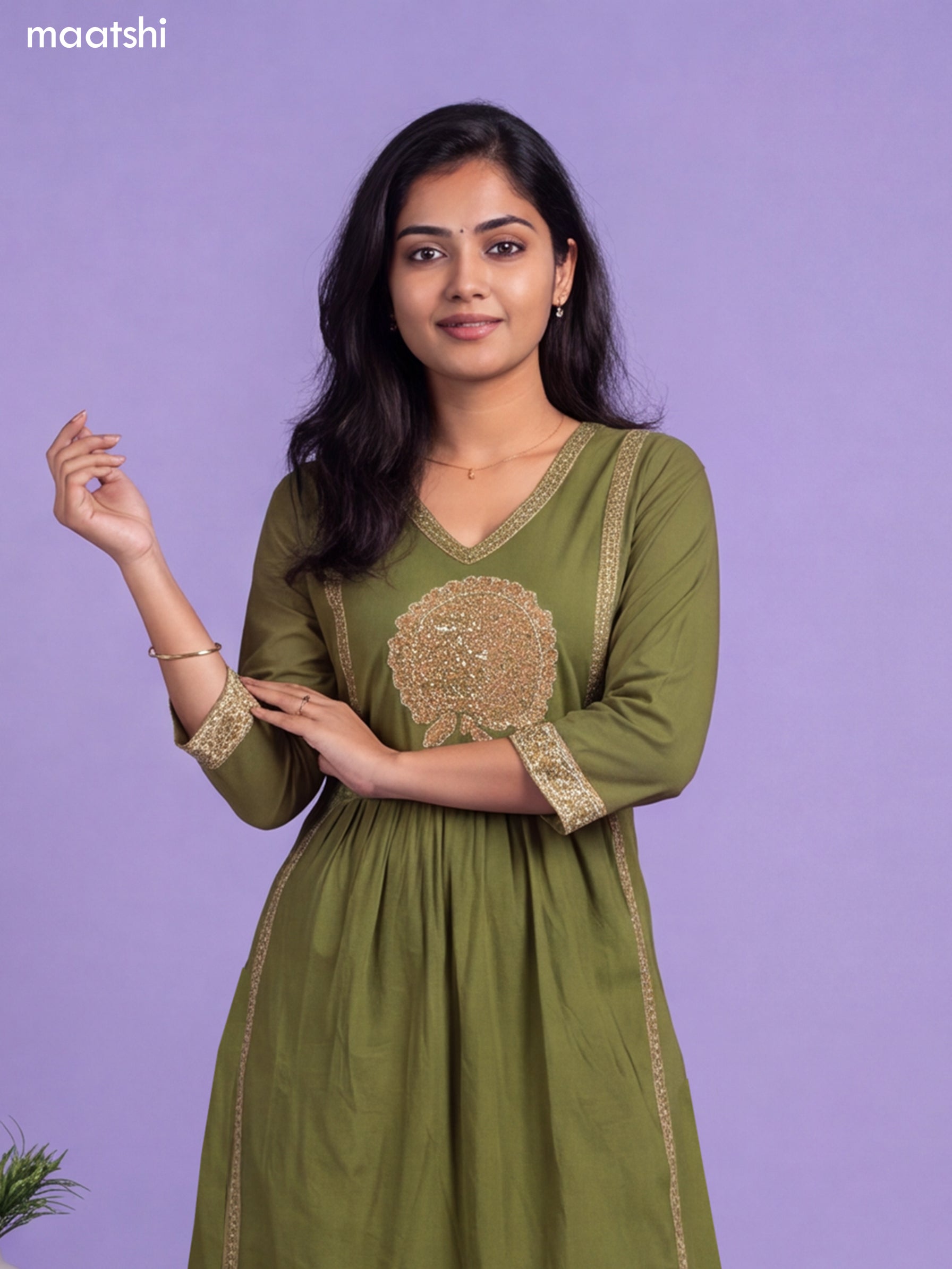 Green Cotton Aplic Work & Embroidery Work Anarkali Suit