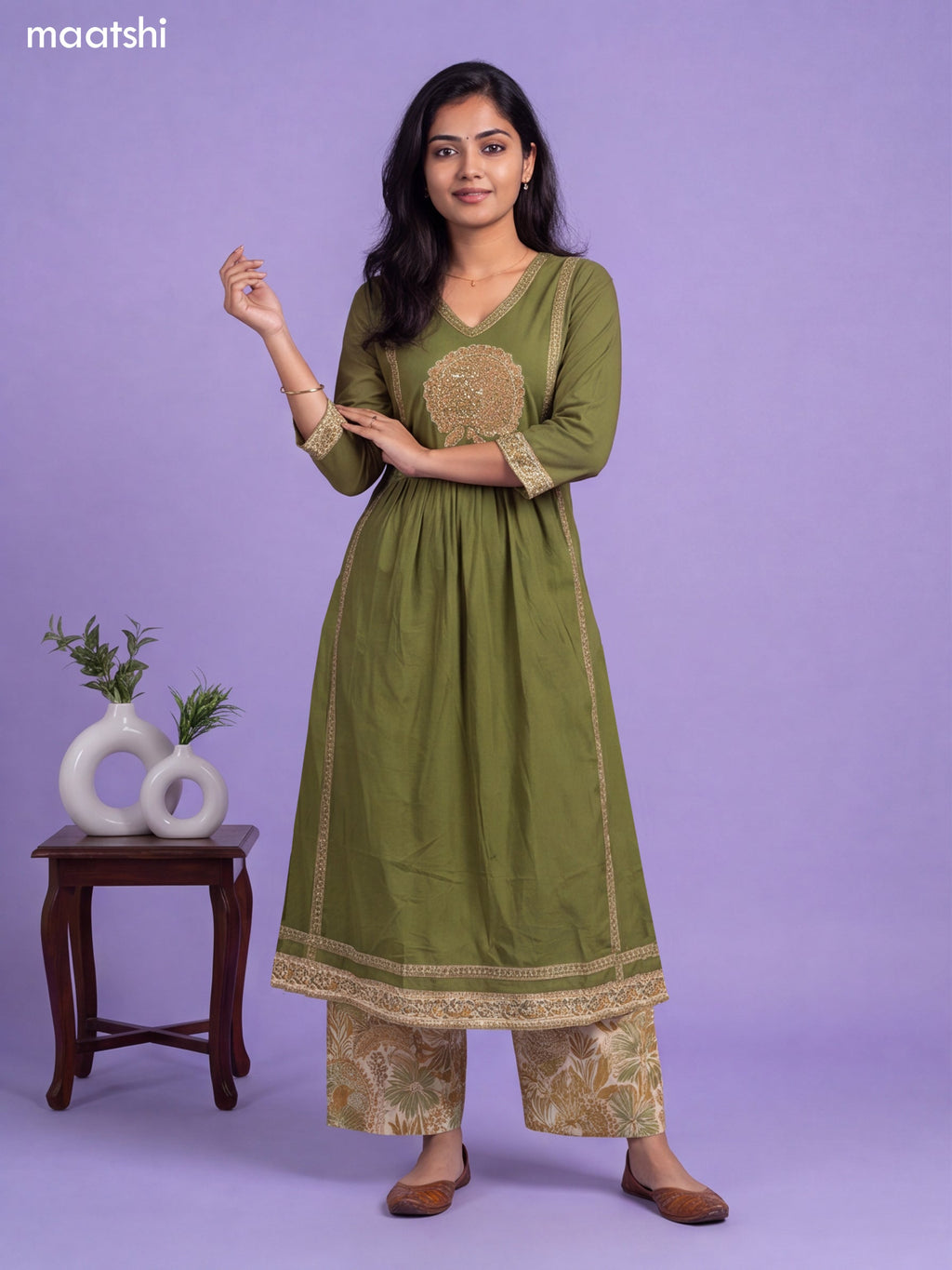 Green Cotton Aplic Work & Embroidery Work Anarkali Suit