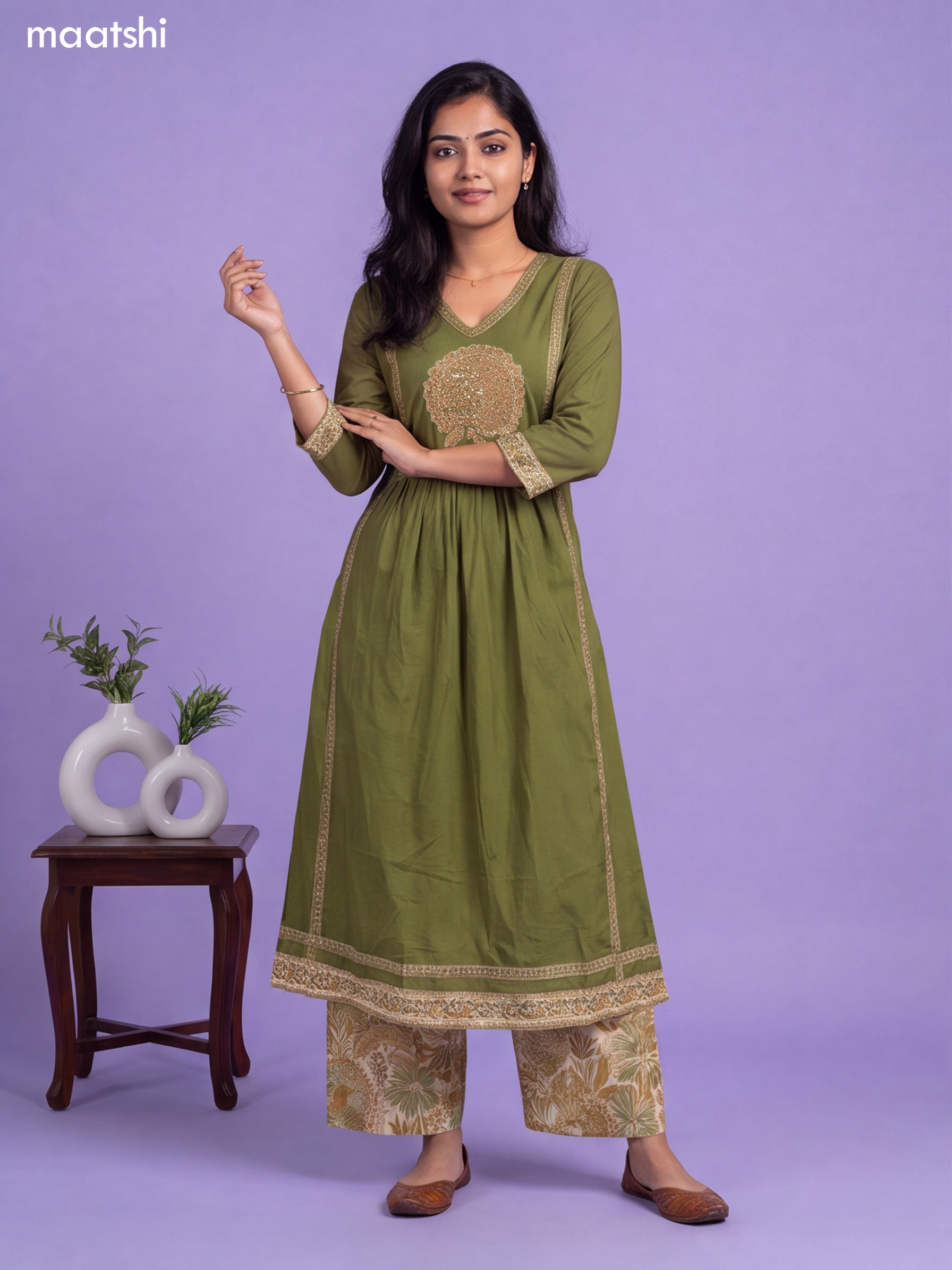 Green Cotton Aplic Work & Embroidery Work Anarkali Suit