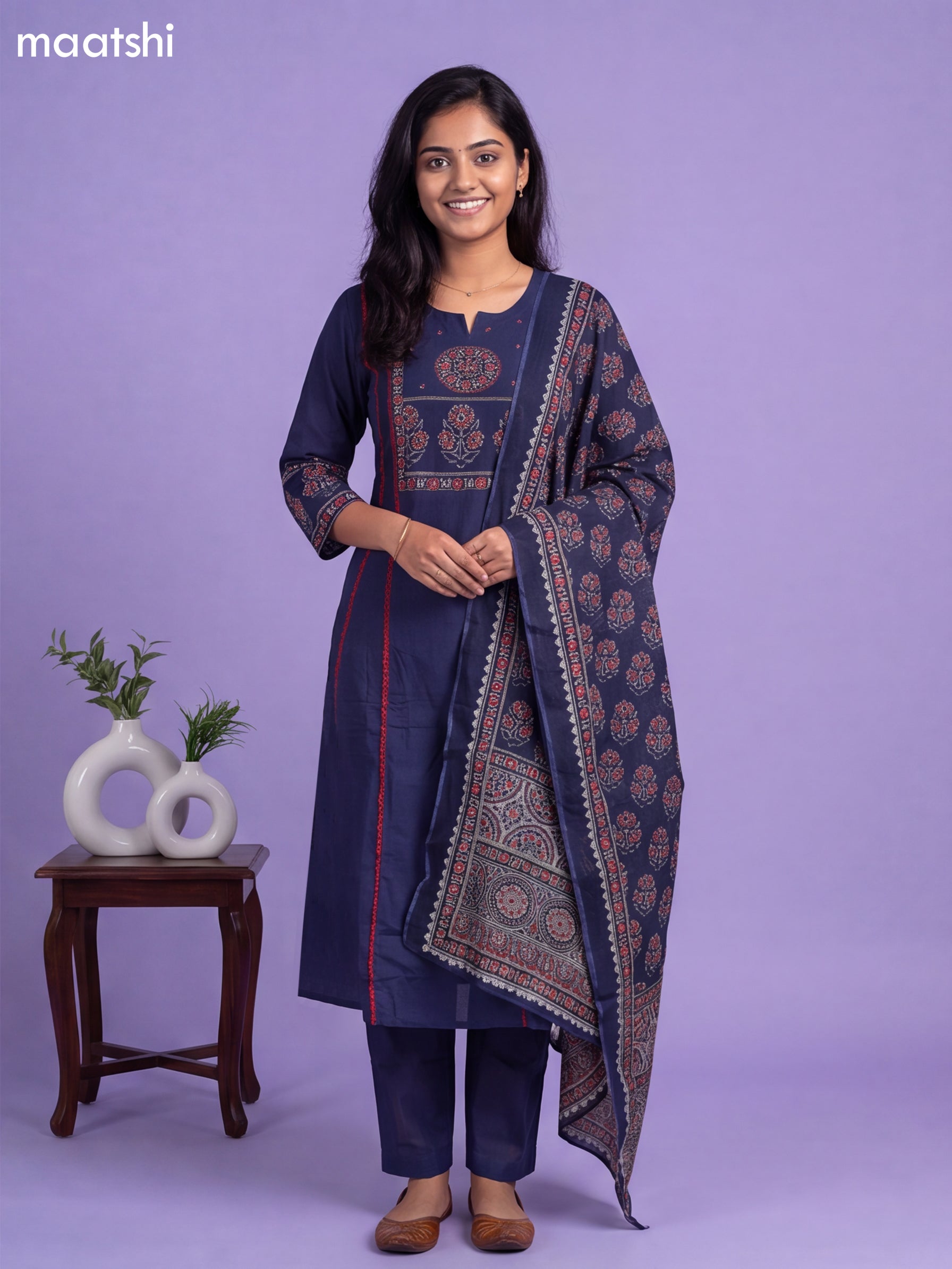 Navy Blue Cotton Printed & Simple Embroidery Work A-Line Suit