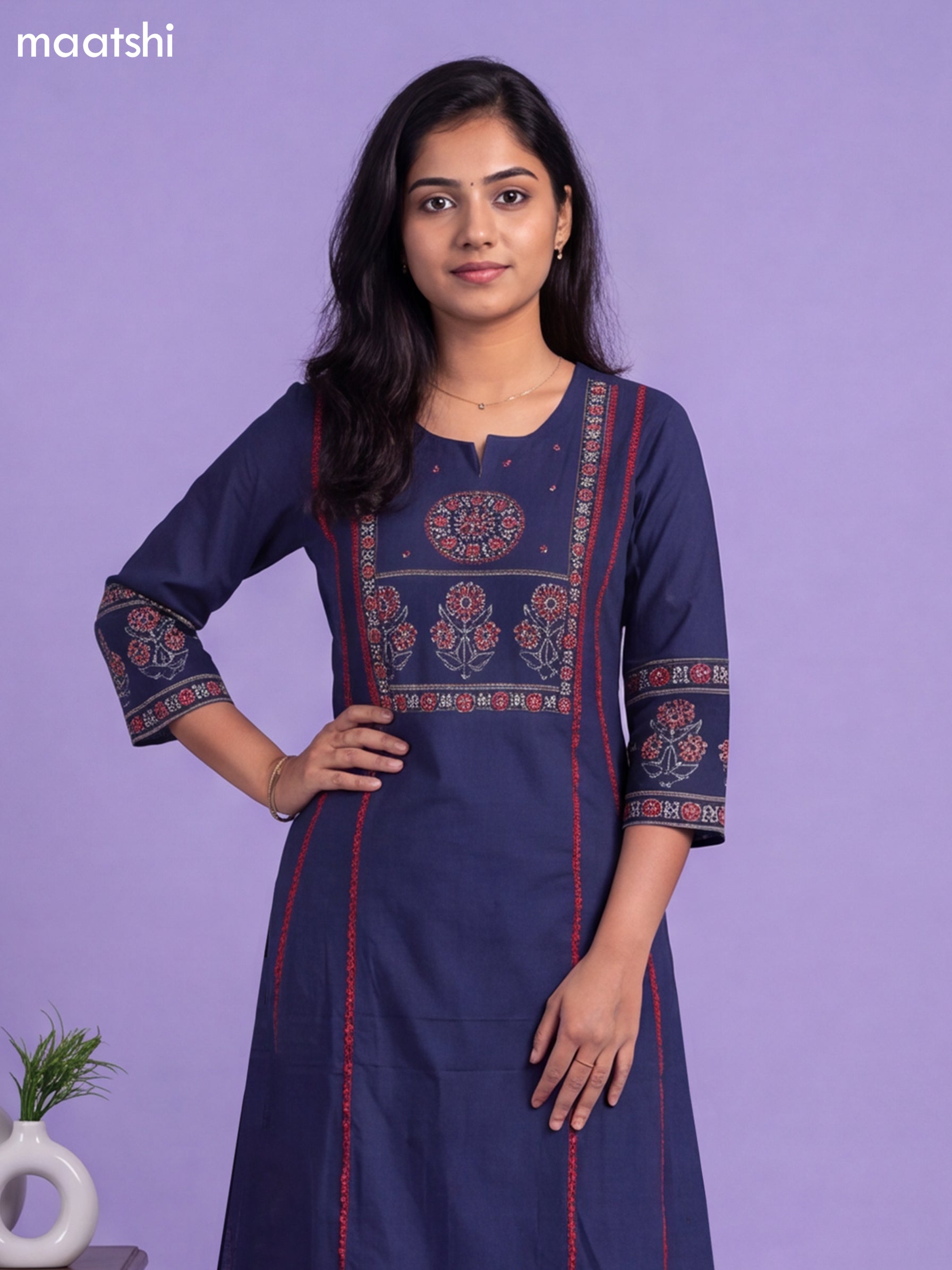 Navy Blue Cotton Printed & Simple Embroidery Work A-Line Suit