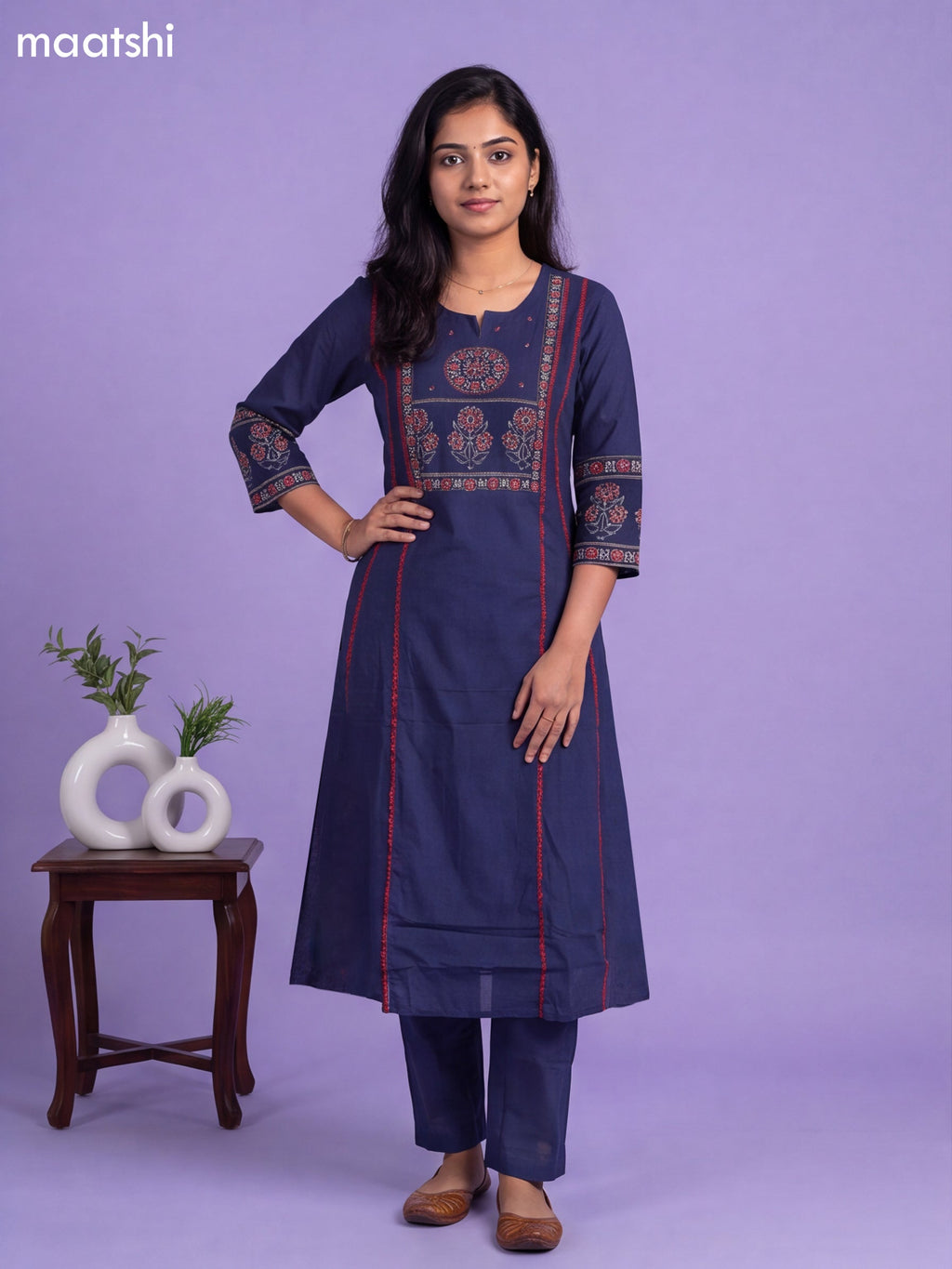 Navy Blue Cotton Printed & Simple Embroidery Work A-Line Suit