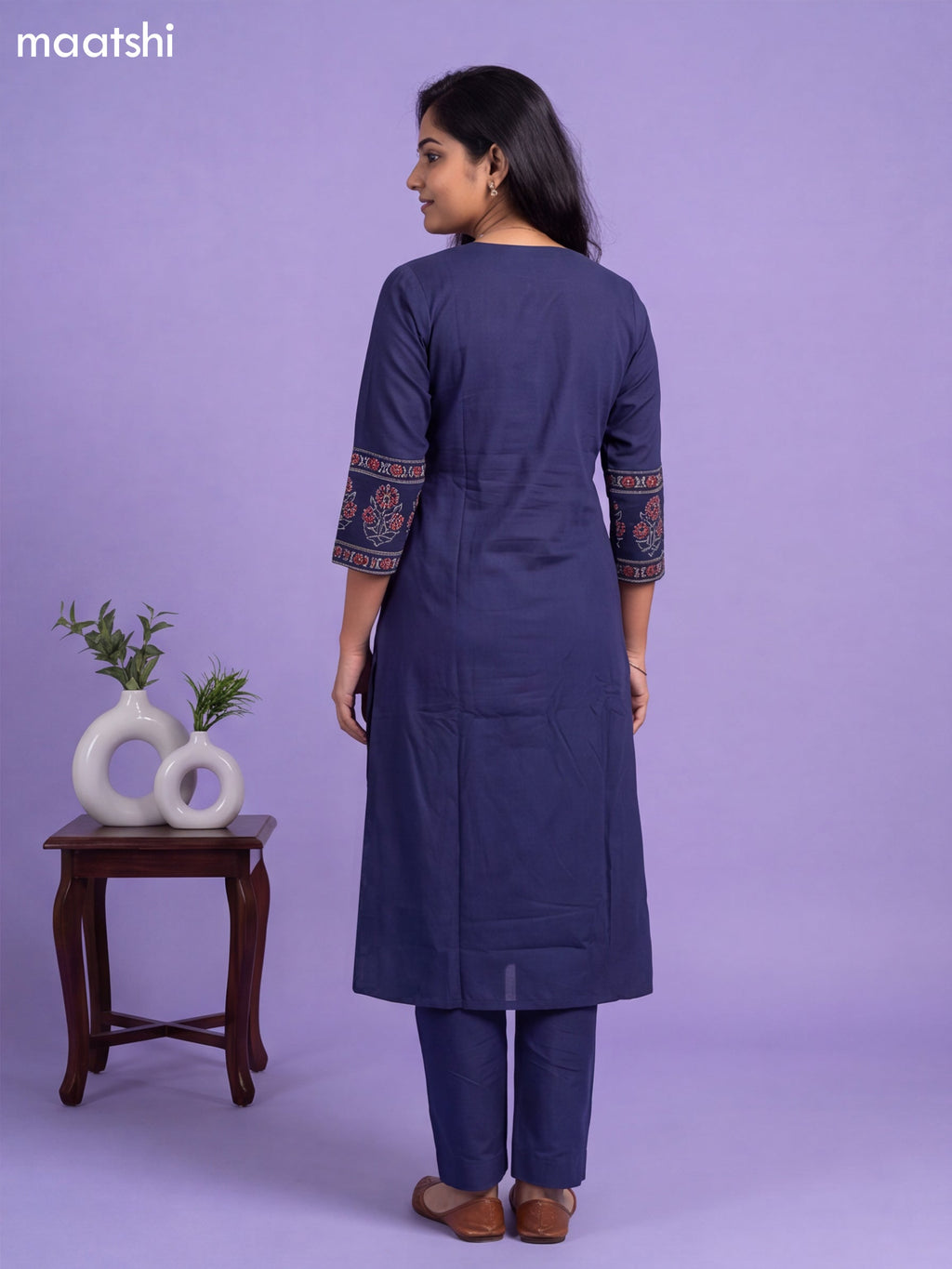 Navy Blue Cotton Printed & Simple Embroidery Work A-Line Suit