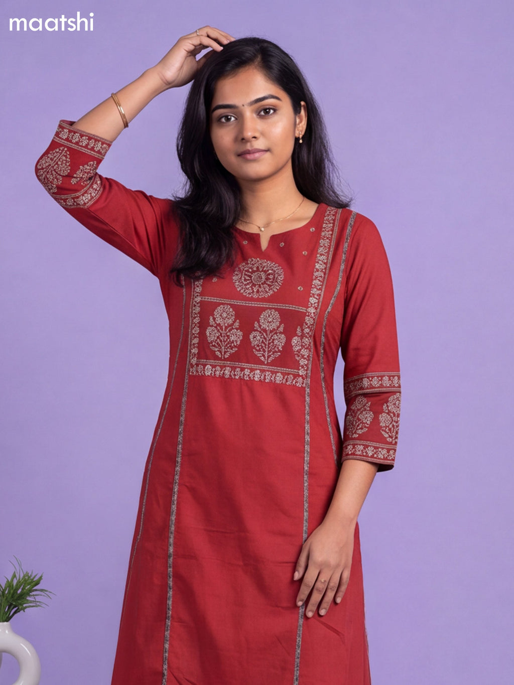 Maroon Cotton Printed & Simple Embroidery Work A-Line Suit