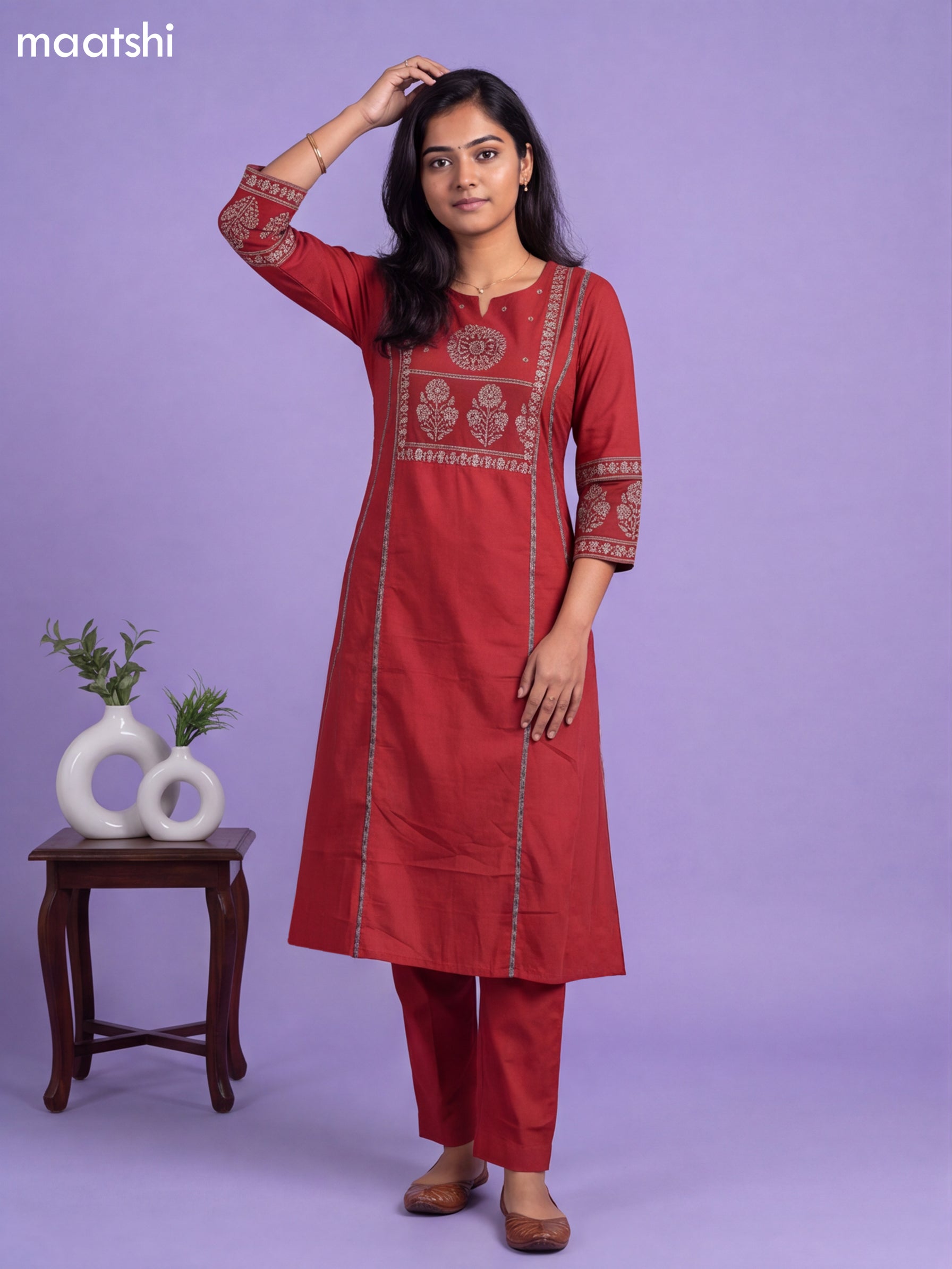 Maroon Cotton Printed & Simple Embroidery Work A-Line Suit