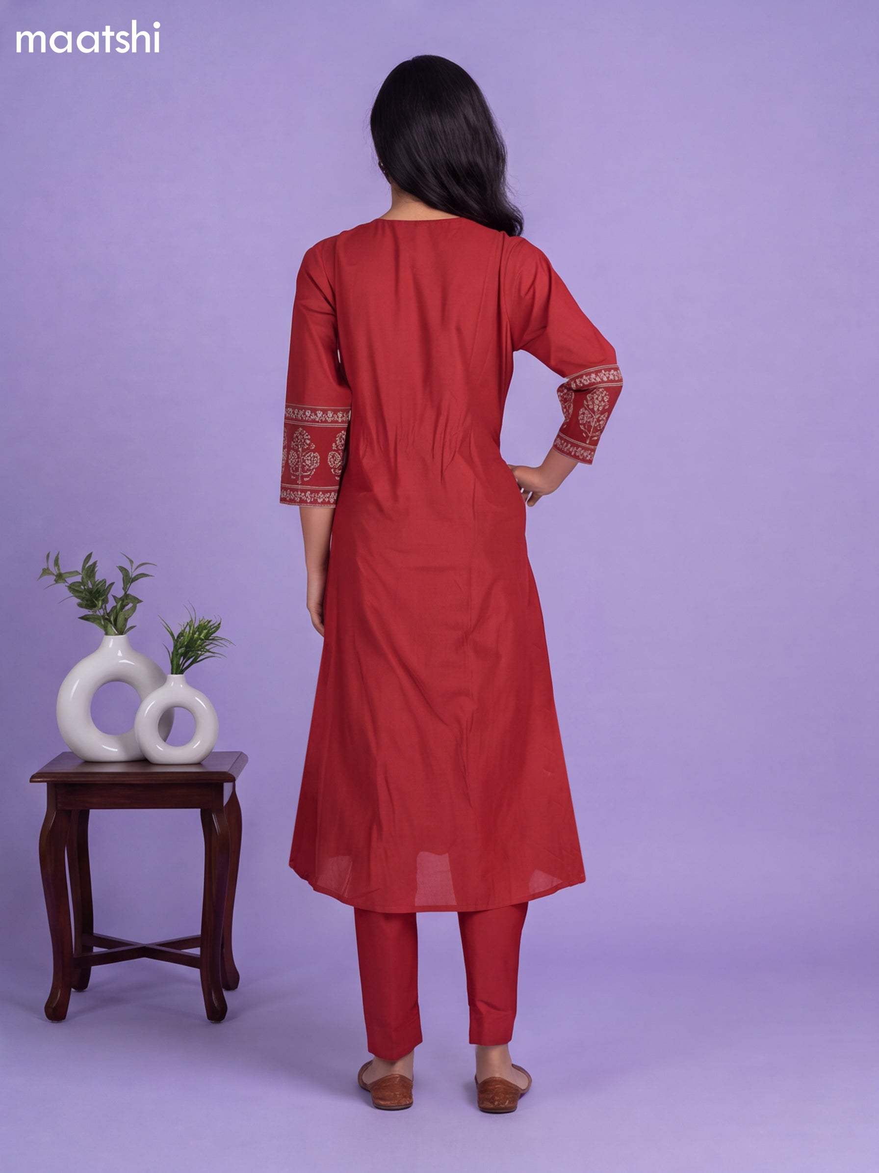 Maroon Cotton Printed & Simple Embroidery Work A-Line Suit