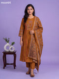 Mustard Yellow Cotton Printed & Simple Embroidery Work A-Line Suit