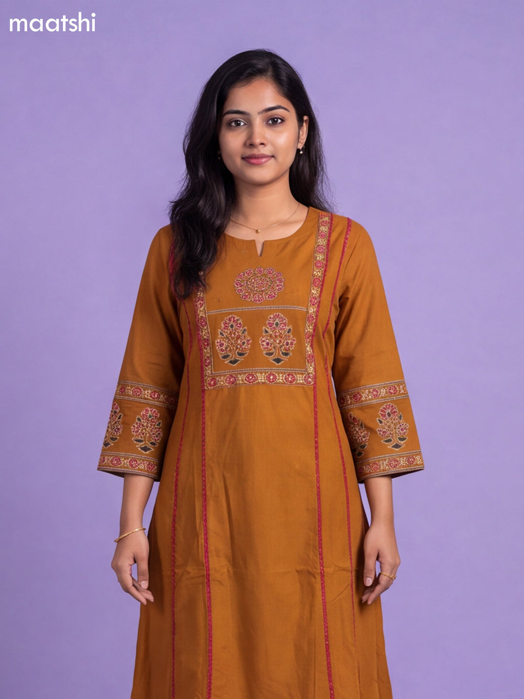Mustard Yellow Cotton Printed & Simple Embroidery Work A-Line Suit