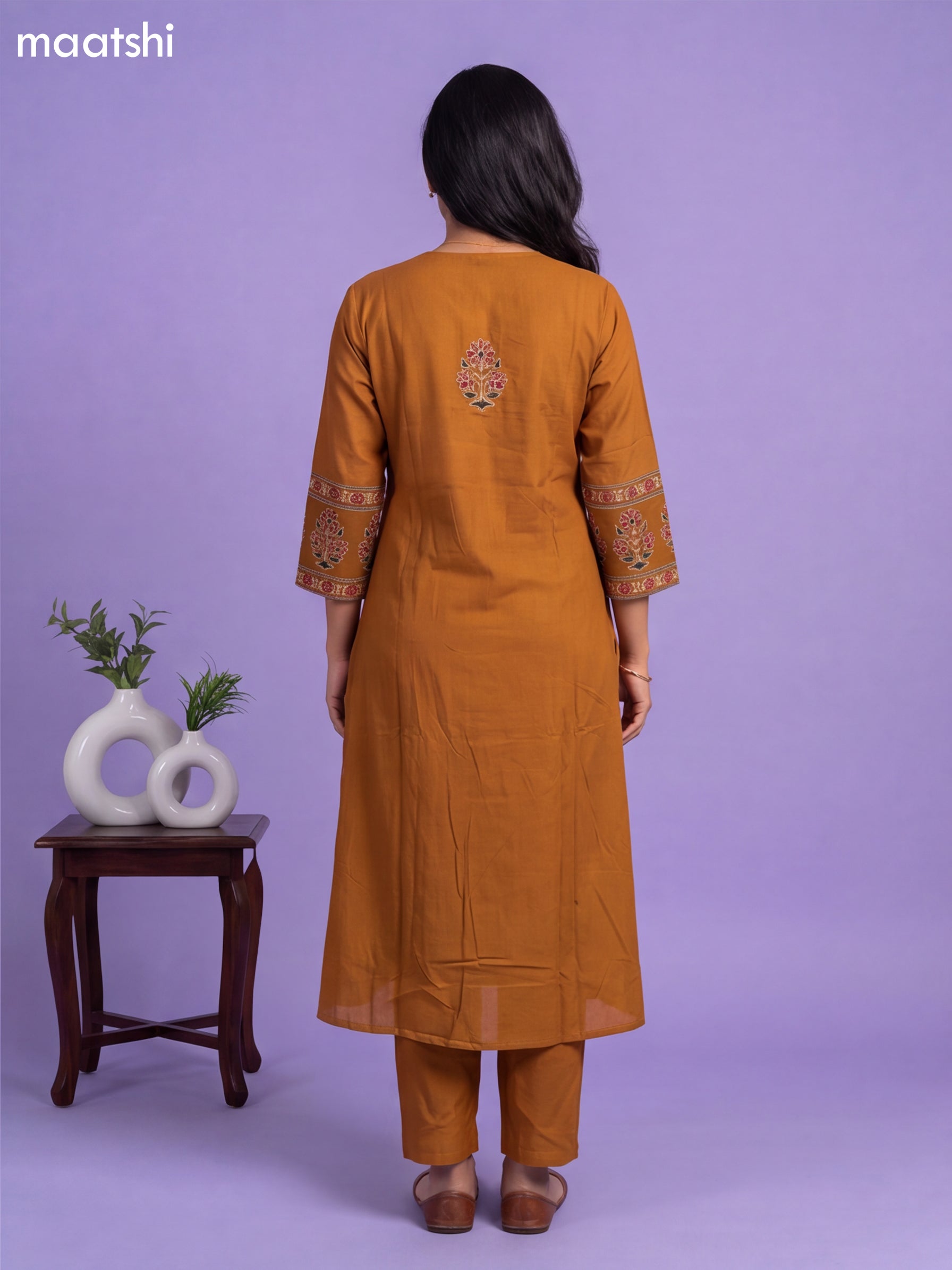 Mustard Yellow Cotton Printed & Simple Embroidery Work A-Line Suit