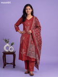 Dark Rust Cotton Kalamkari Printed & Simple Embroidery Work A-Line Suit