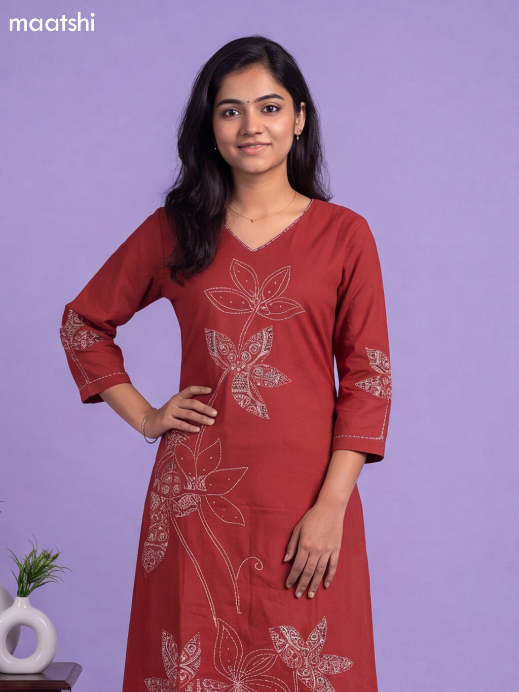 Dark Rust Cotton Kalamkari Printed & Simple Embroidery Work A-Line Suit