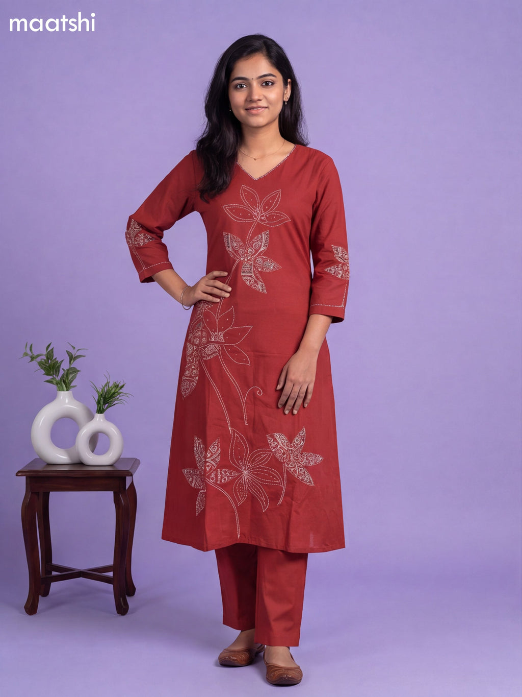 Dark Rust Cotton Kalamkari Printed & Simple Embroidery Work A-Line Suit