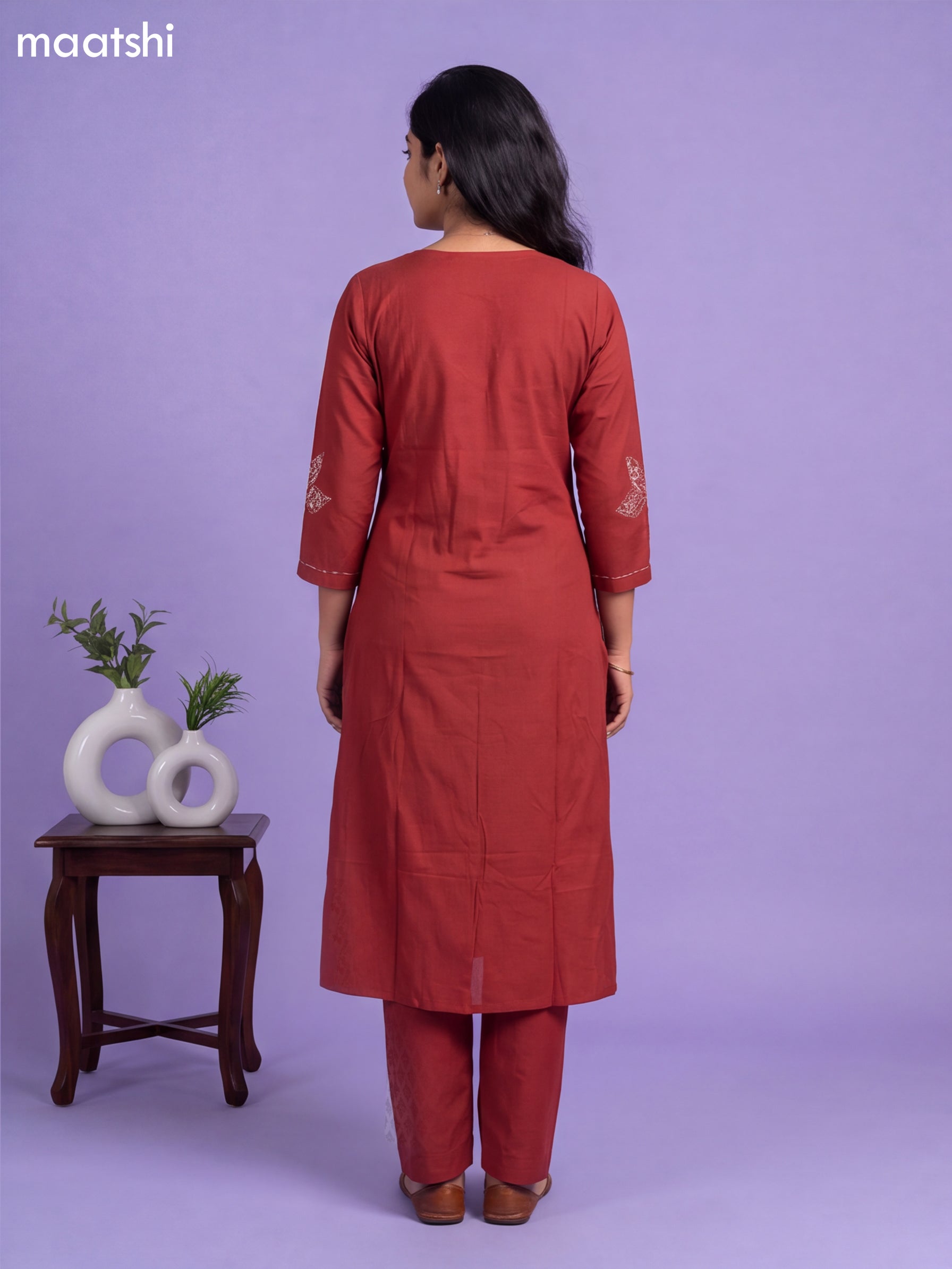 Dark Rust Cotton Kalamkari Printed & Simple Embroidery Work A-Line Suit