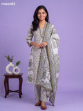 Off White and Green Cotton Printed & Simple Embroidery Work A-Line Suit
