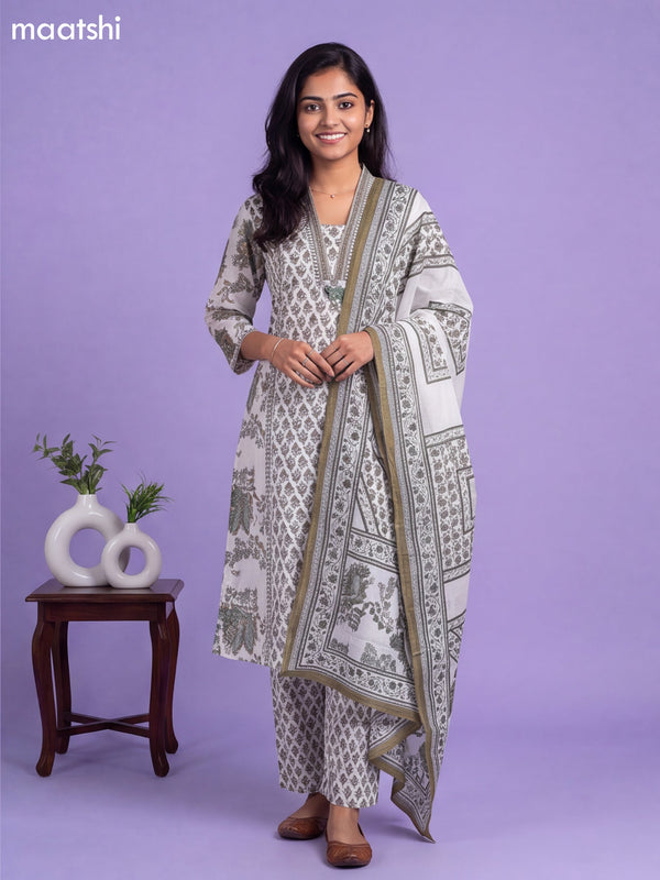 Off White and Green Cotton Printed & Simple Embroidery Work A-Line Suit