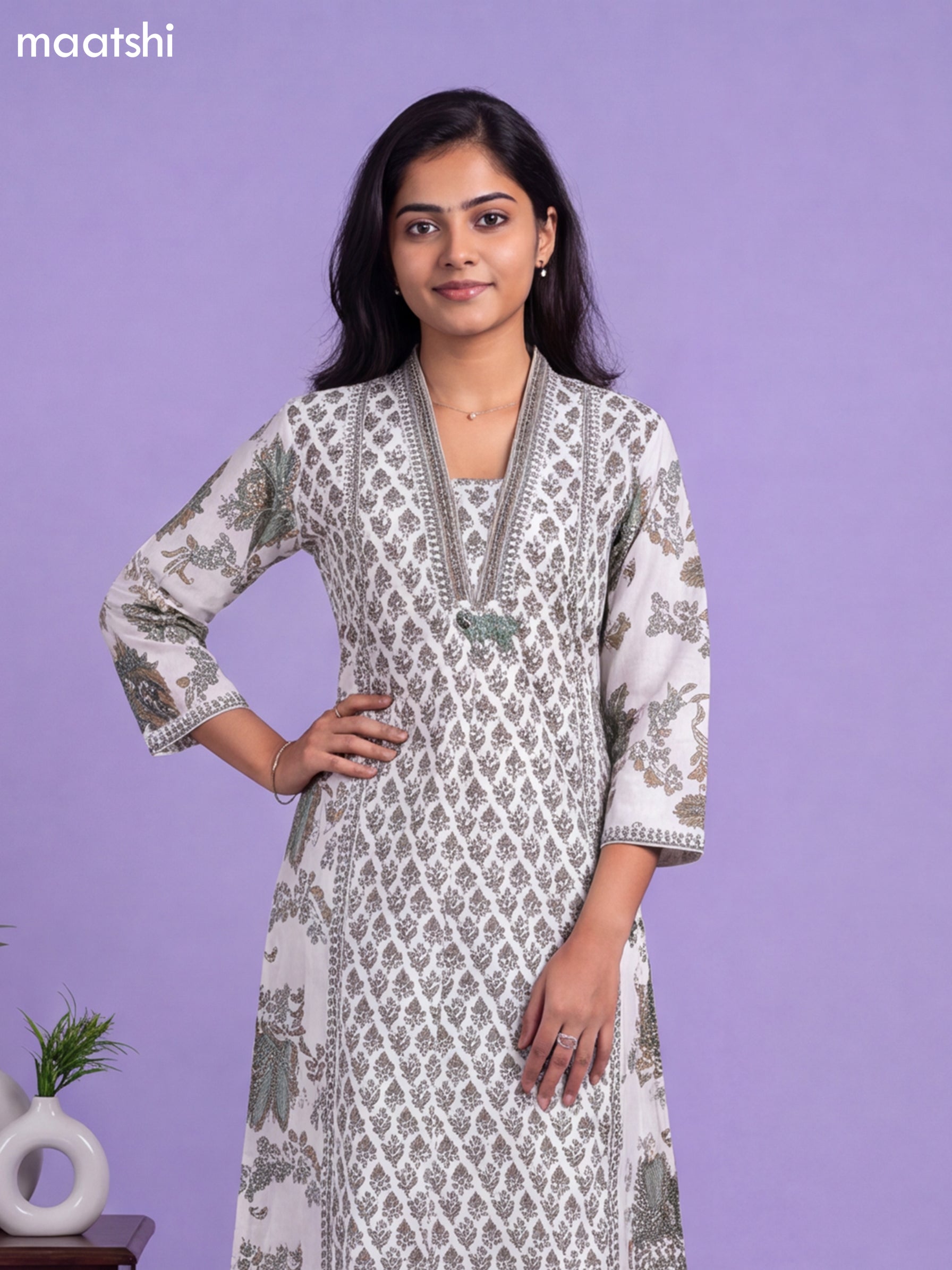 Off White and Green Cotton Printed & Simple Embroidery Work A-Line Suit