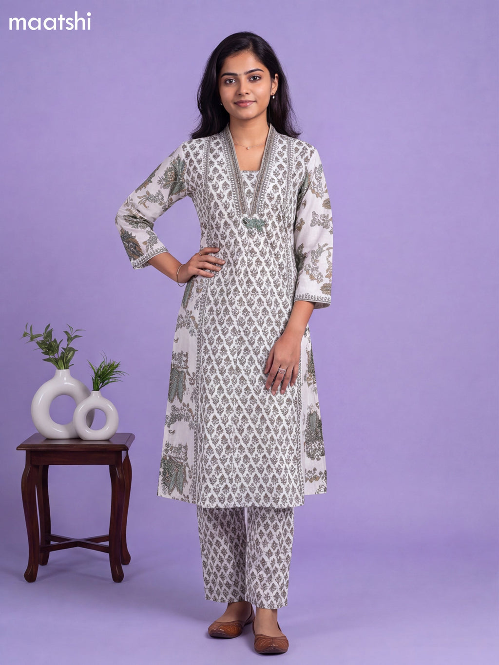 Off White and Green Cotton Printed & Simple Embroidery Work A-Line Suit