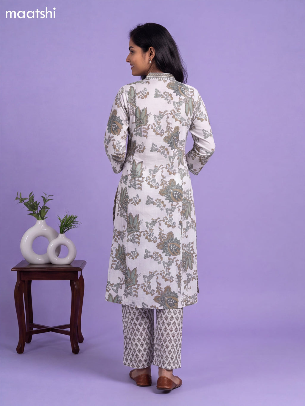 Off White and Green Cotton Printed & Simple Embroidery Work A-Line Suit