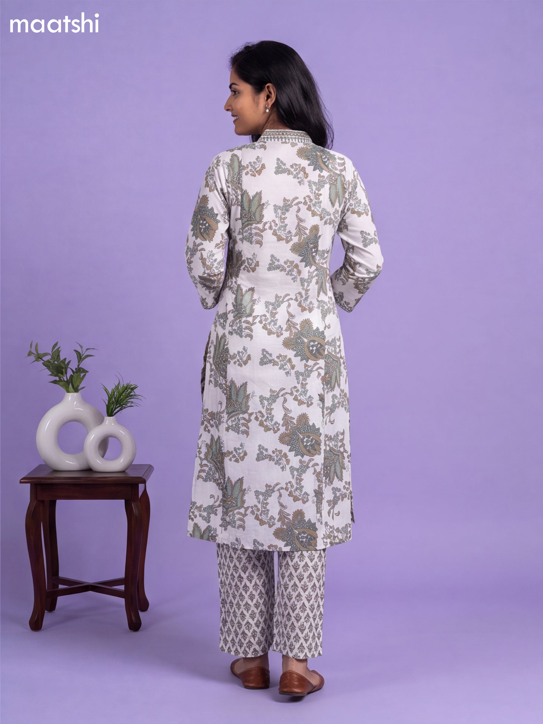 Off White and Green Cotton Printed & Simple Embroidery Work A-Line Suit