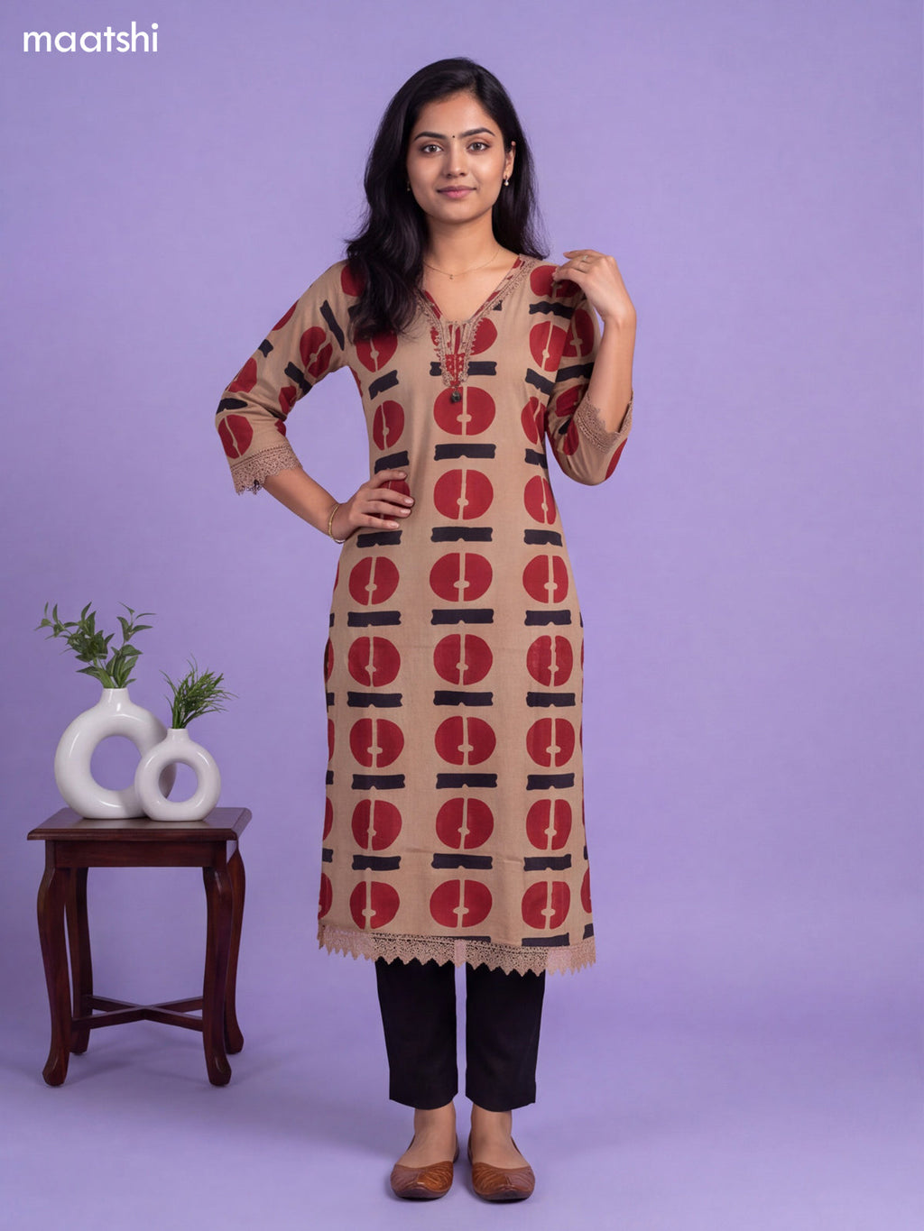 Sandal Cotton Printed & Simple Embroidery Work Neck Pattern Kurti