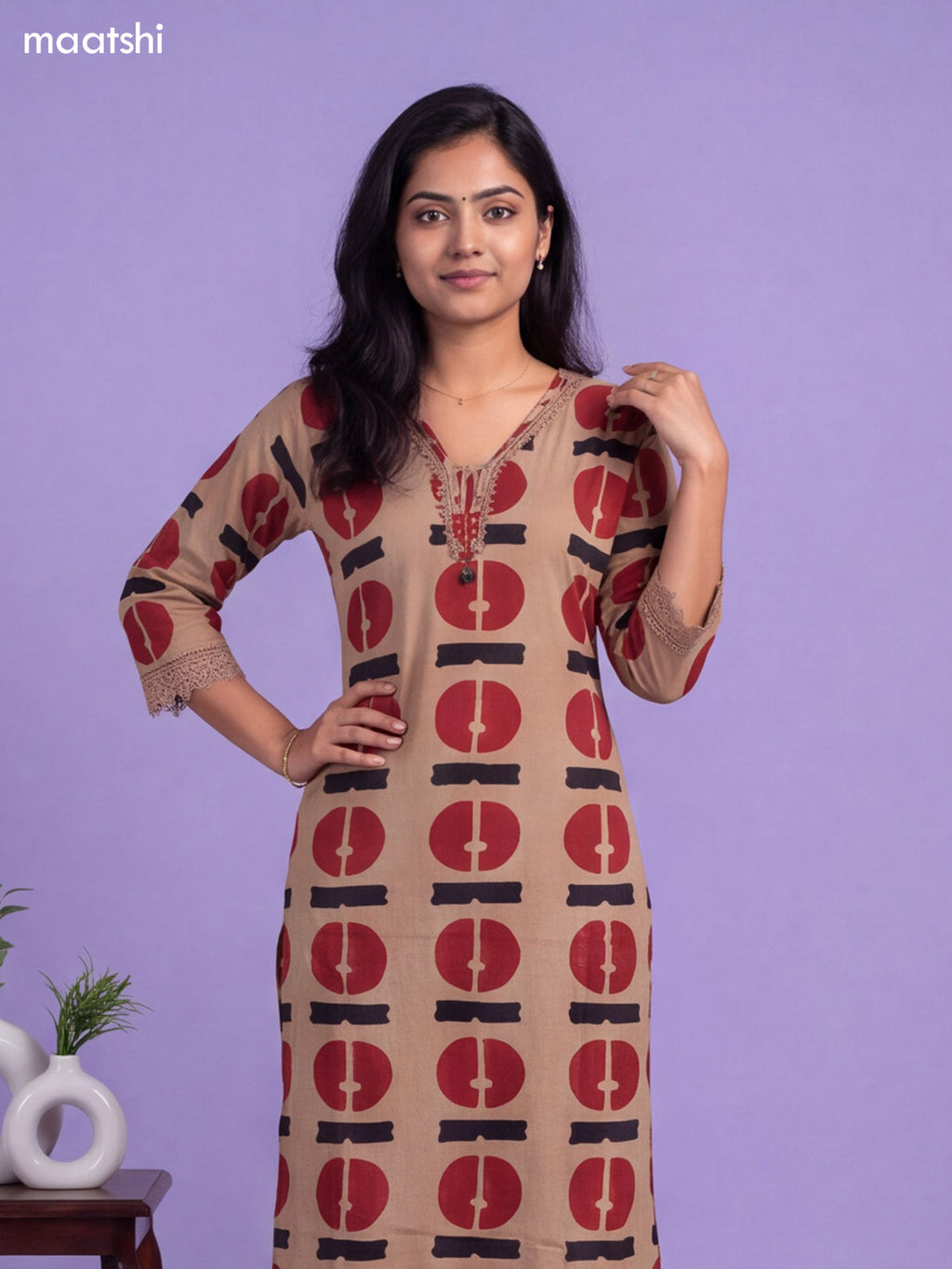 Sandal Cotton Printed & Simple Embroidery Work Neck Pattern Kurti