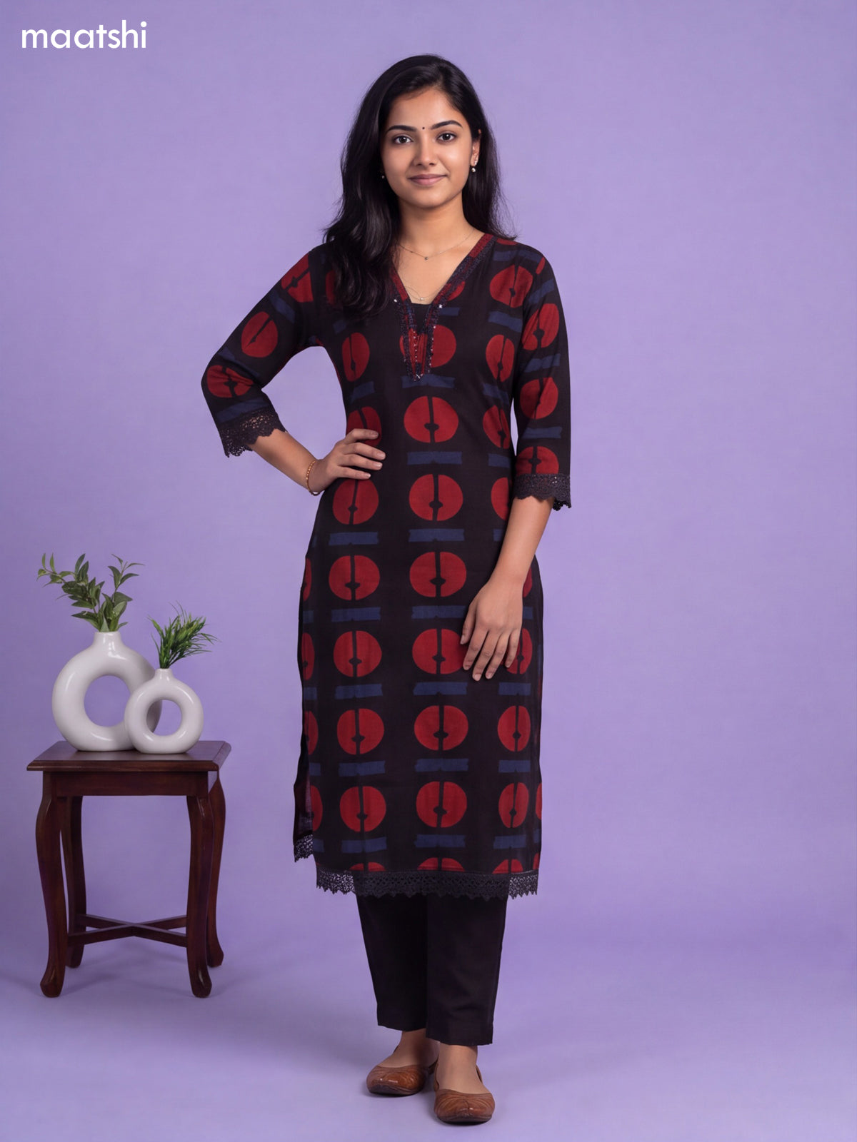 Black Cotton Printed & Simple Embroidery Work Neck Pattern Kurti