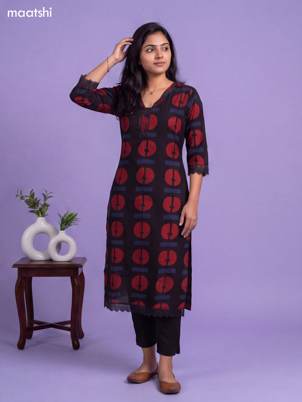 Black Cotton Printed & Simple Embroidery Work Neck Pattern Kurti