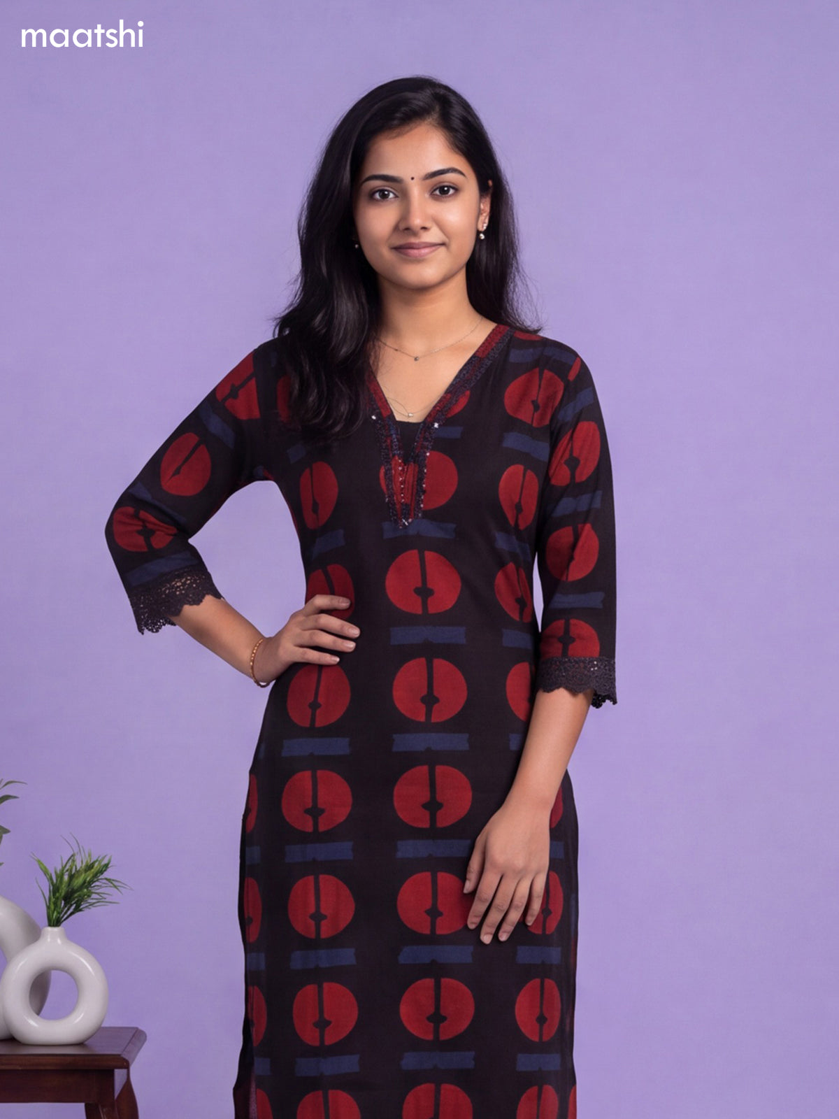 Black Cotton Printed & Simple Embroidery Work Neck Pattern Kurti