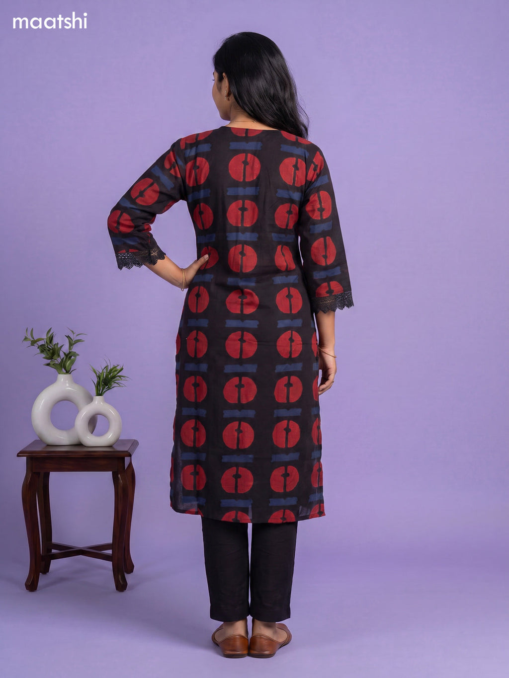 Black Cotton Printed & Simple Embroidery Work Neck Pattern Kurti