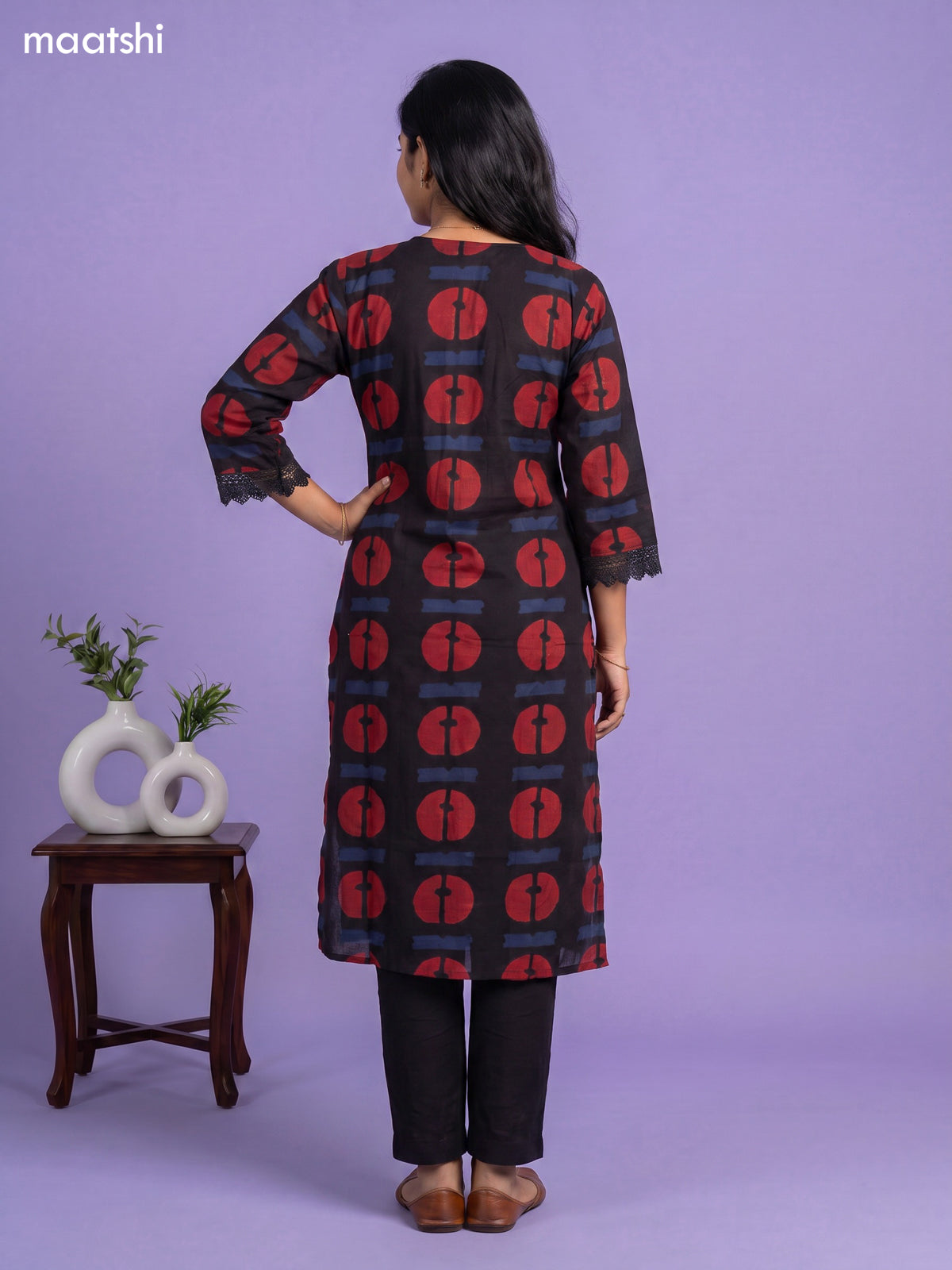 Black Cotton Printed & Simple Embroidery Work Neck Pattern Kurti