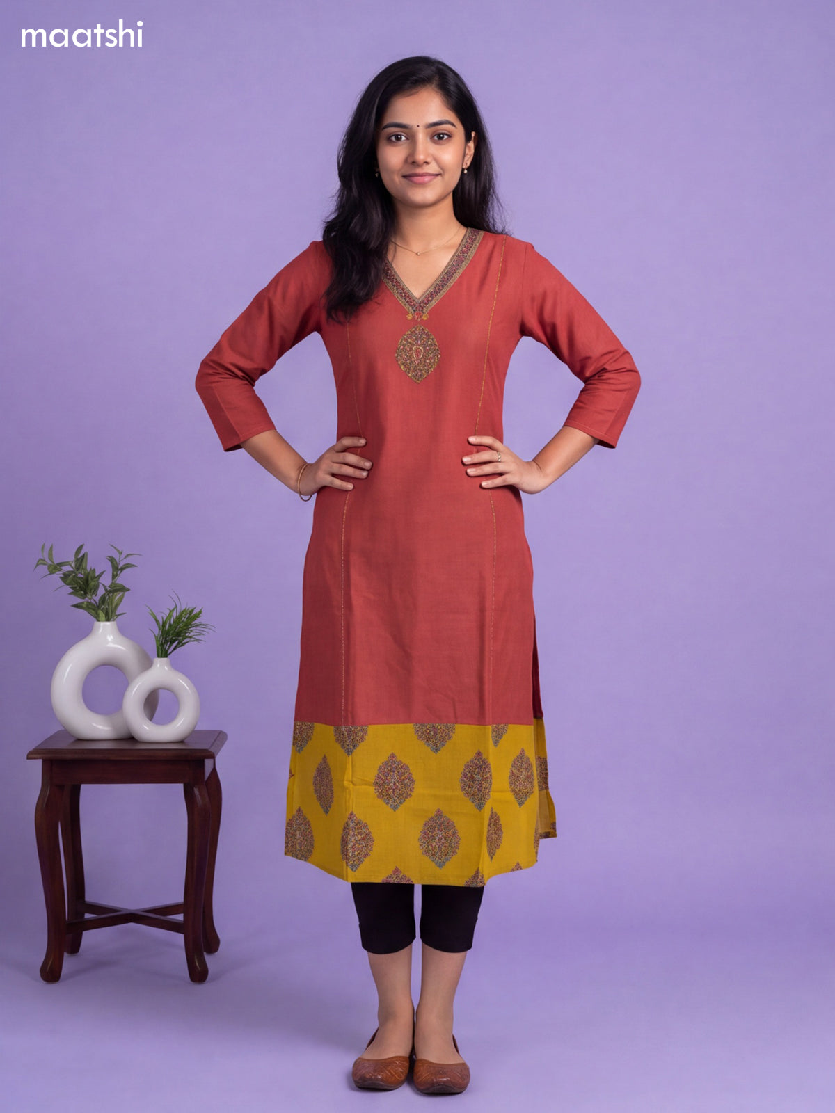 Rust Cotton Patch Work Neck Pattern Straight Kurti
