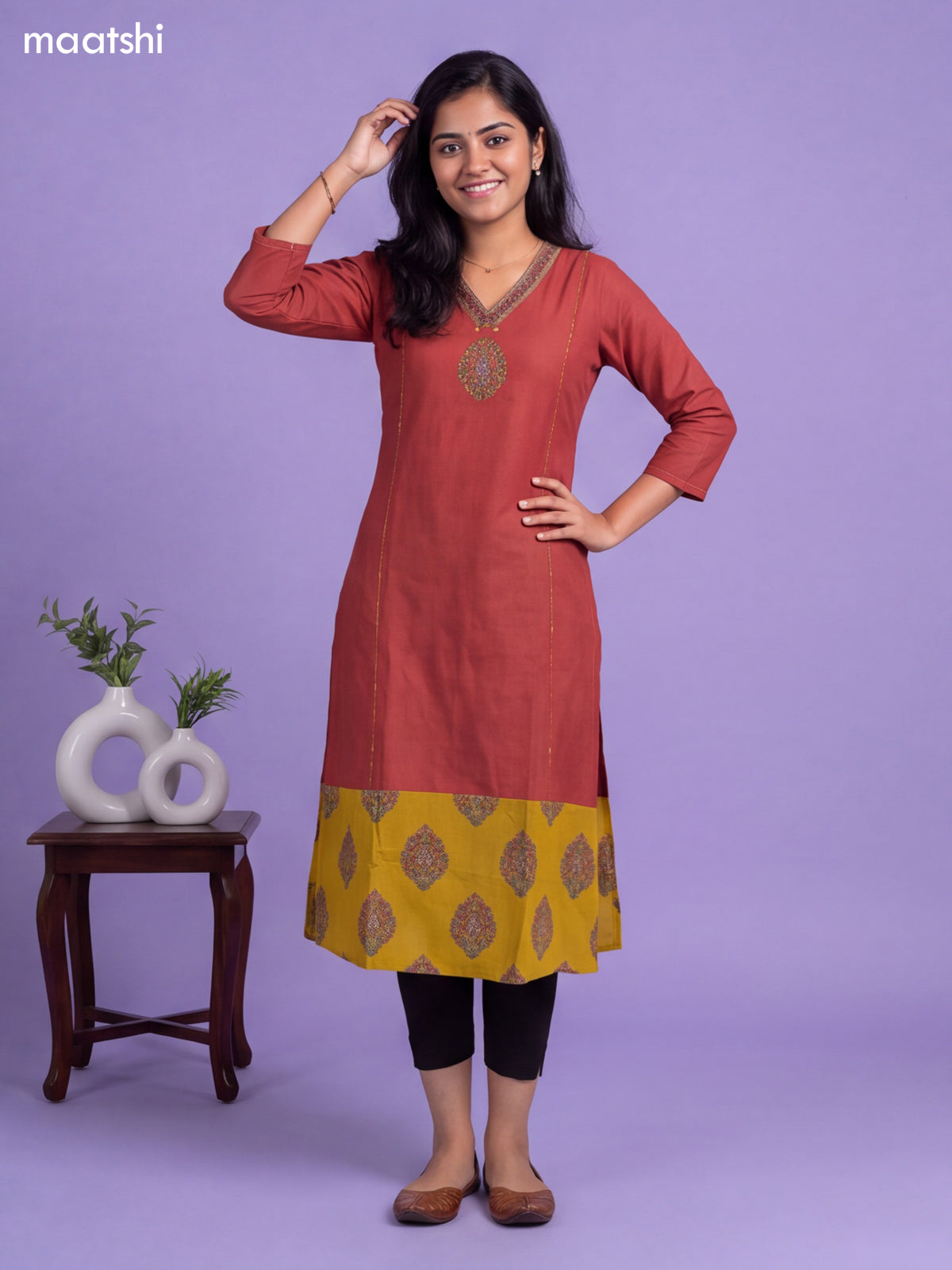 Rust Cotton Patch Work Neck Pattern Straight Kurti