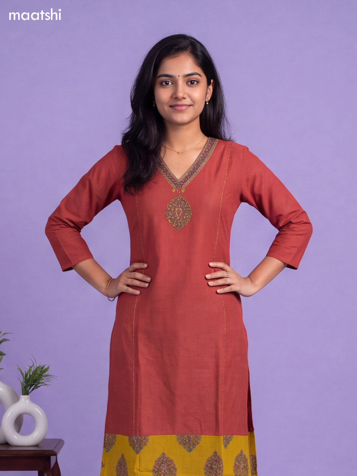 Rust Cotton Patch Work Neck Pattern Straight Kurti